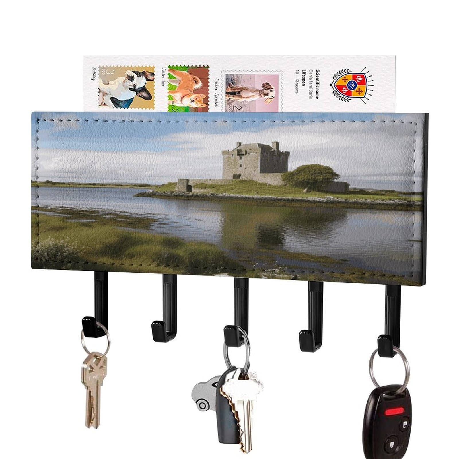 LDGSUPH View of The Dunguaire Castle Key Holder Wall Mount Key Hanger with 5 Hooks Fashion Key Organizer Rack Hanging Key Hooks with Mail Organizer Key Rack for Home Entryway Hallway Black-Style