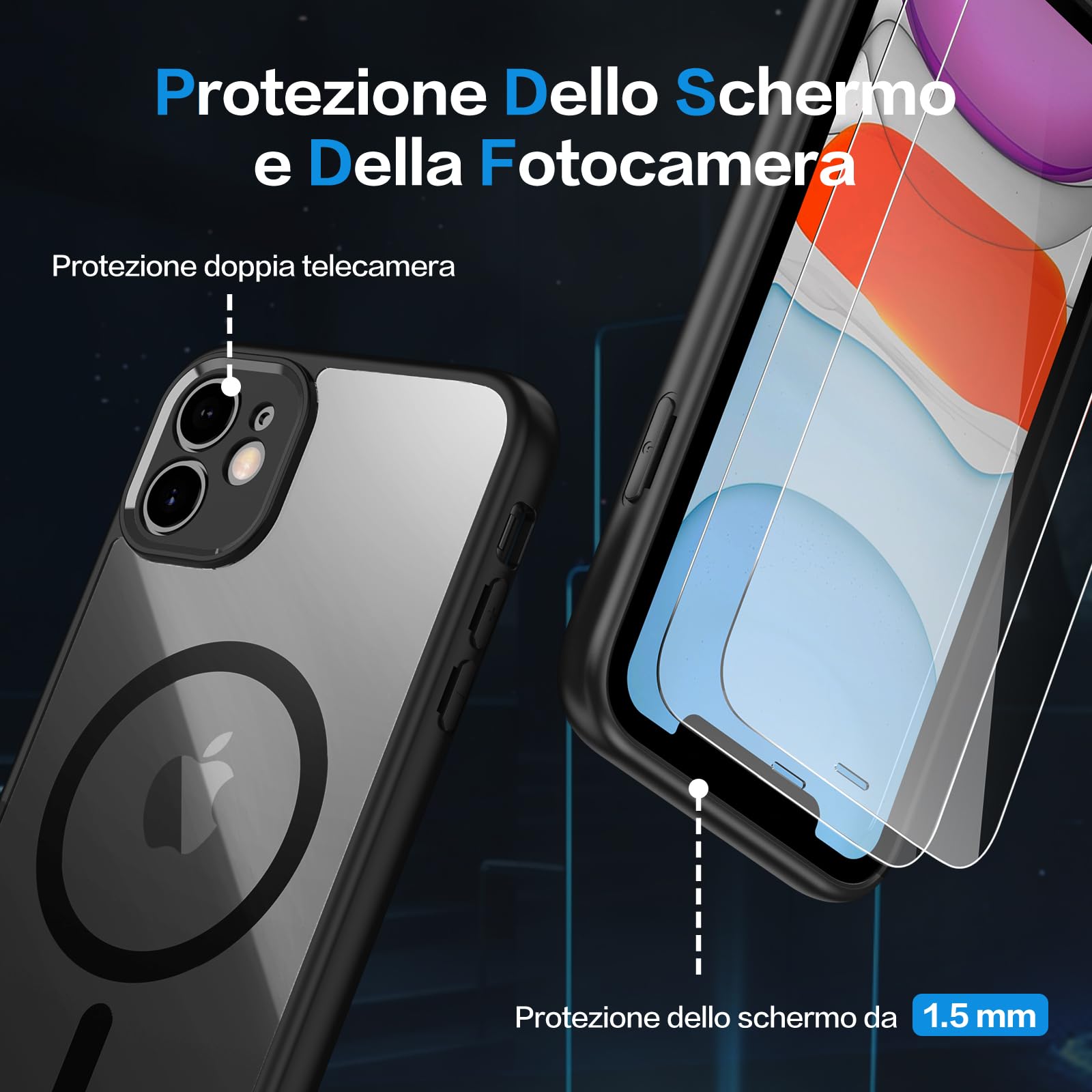 Bimanpap Cover Magnetica per iPhone 11，Comaptibile con Magsafe, [con 2 Pellicola Vetro Temperato] Custodia con Magneti, trasparente Posteriore Sottile Antiurto Protettiva Case (Nero)