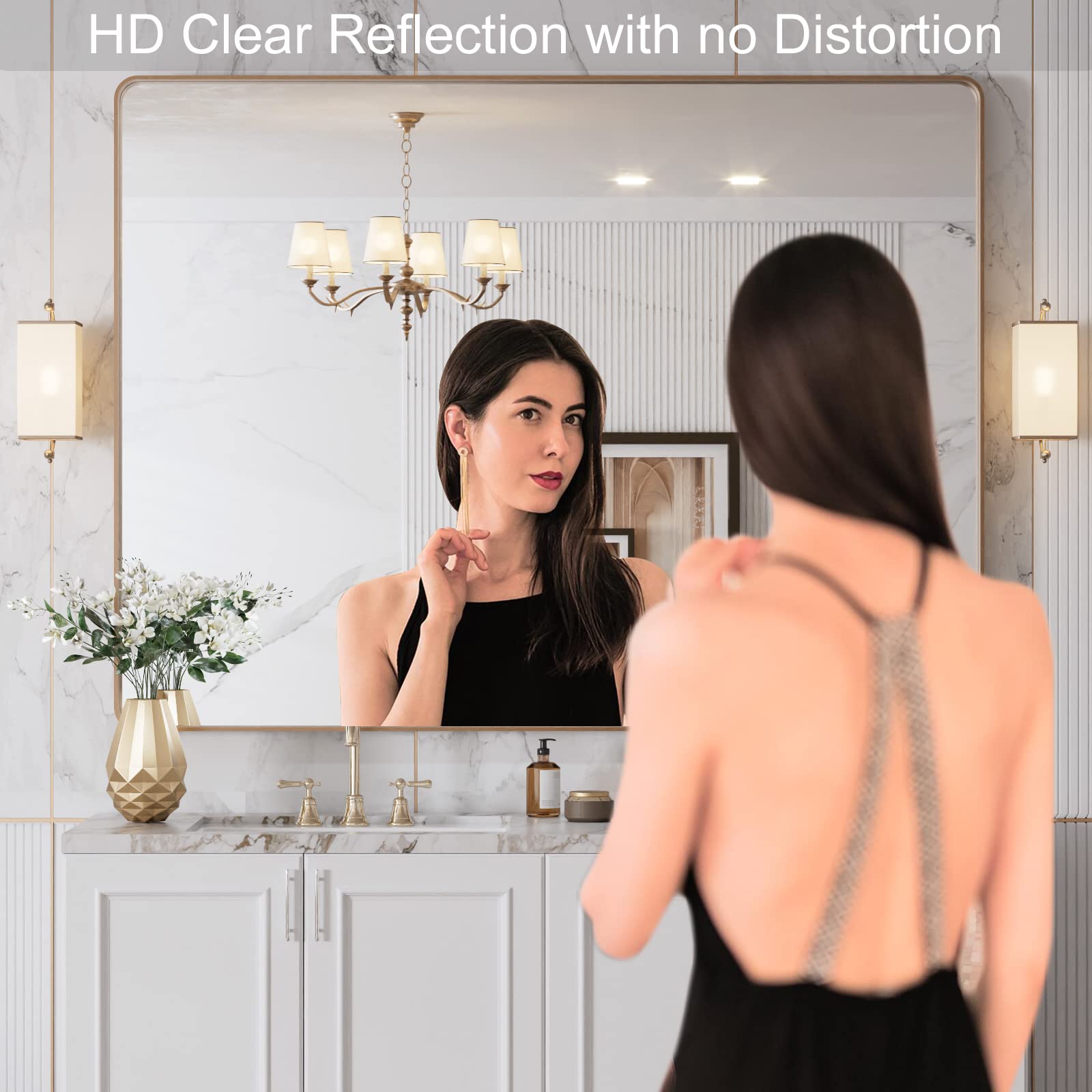 LOAAO 48”X36” Gold Bathroom Mirror, Rounded Rectangle Gold Frame Mirror, Brushed Gold Bathroom Vanity Mirror Wall-Mounted, Anti-Rust, Tempered Glass, Hangs Horizontally or Vertically - 2