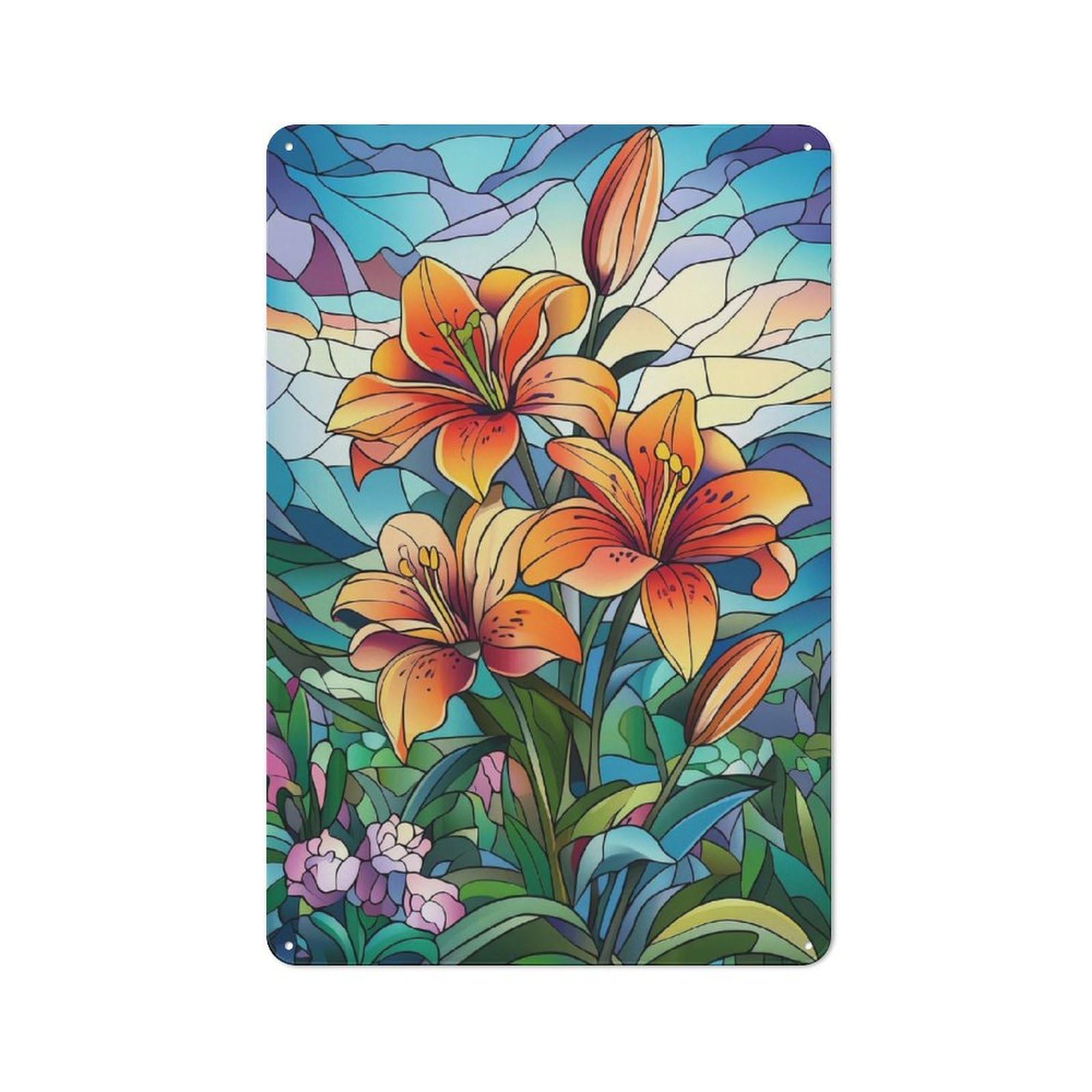 Junmoney Style-10 Loft Style Stained Glass Lilies Decorative Metal Plaque 30X20cm, Studio Wall Art For Workspace, Cafe, Hallway Or Garage