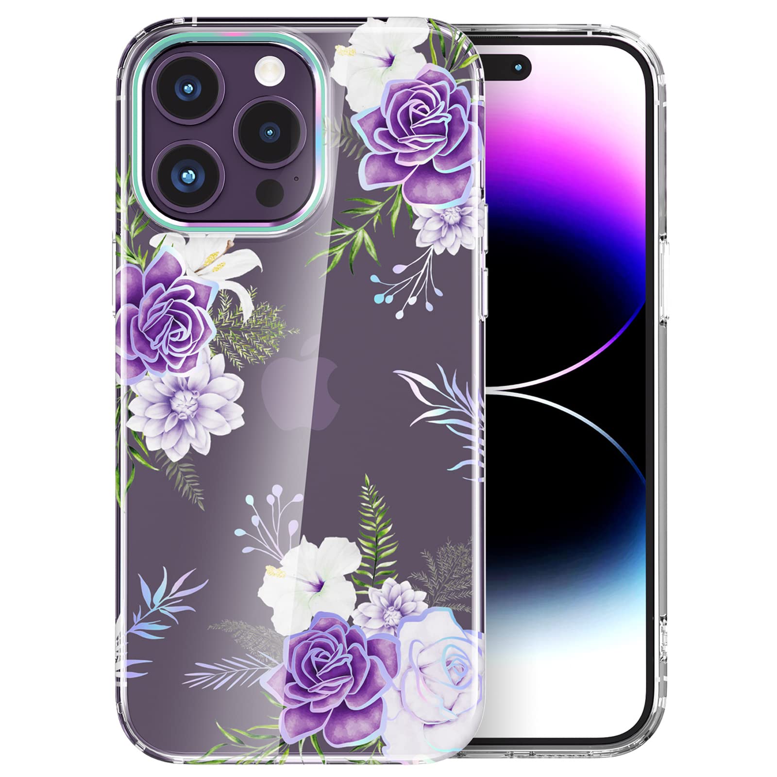 MASOCAS Designed for iPhone 14 Pro Max Case 6.7 Inch Shockproof Protective TPU Bumper Floral Clear Women Flower Phone Cover (Purple/Rose)