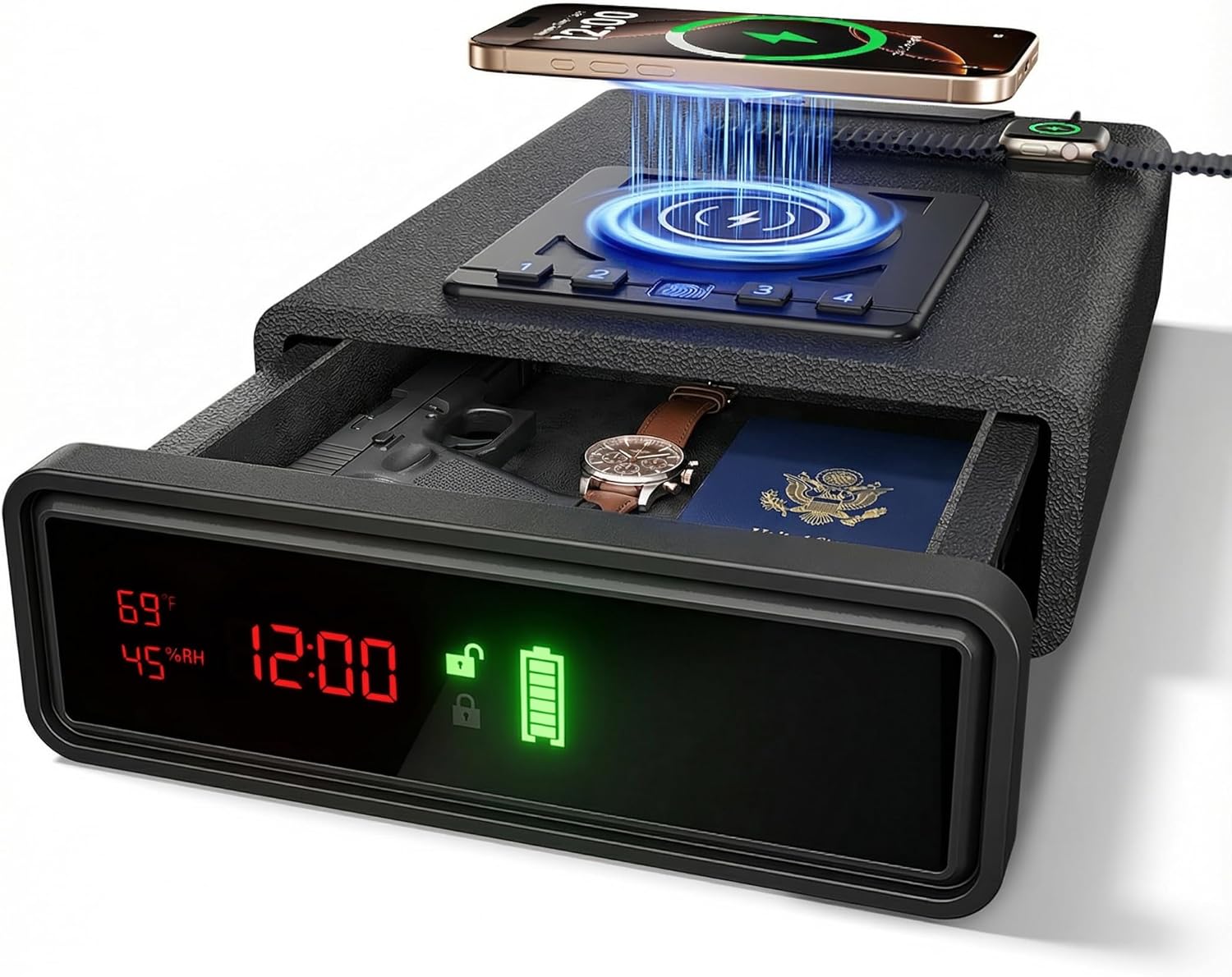 Biometric Fingerprint Gun Safe with Phone & Watch Wireless Charging, 3 Quick Access, Clock Handgun Safe with Adjustable Brightness, Backlit Keypad, Pistol safe for home, office, family
