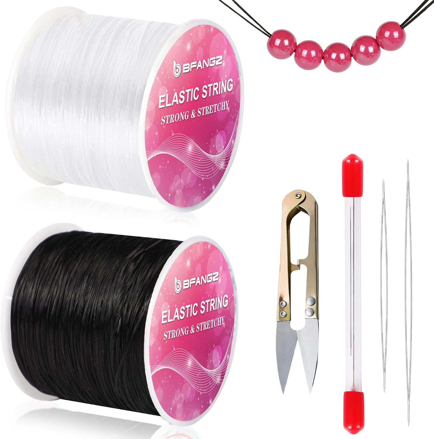 Elastic Cord Rope for Bracelet Necklace Jewelry Crafts Bead Making,Black and Clear Elastic Rope Stretch String Cord for Making, 1mm Flat Wire,About 120M,with 2Pcs Beaded Needles and Scissors.