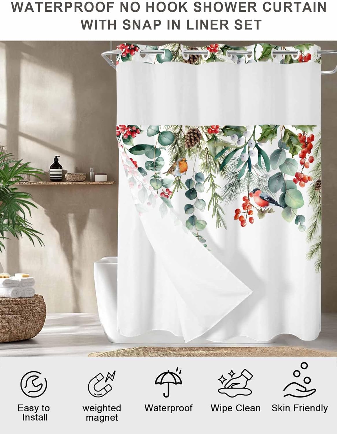 Christmas No Hook Shower Curtain with Snap in Liner,Bird on Eucalyptus Berry Vine Bath Curtain with See Through Top Window,Farm Plant on White Shower Curtains for Bathroom Decor,72x72in