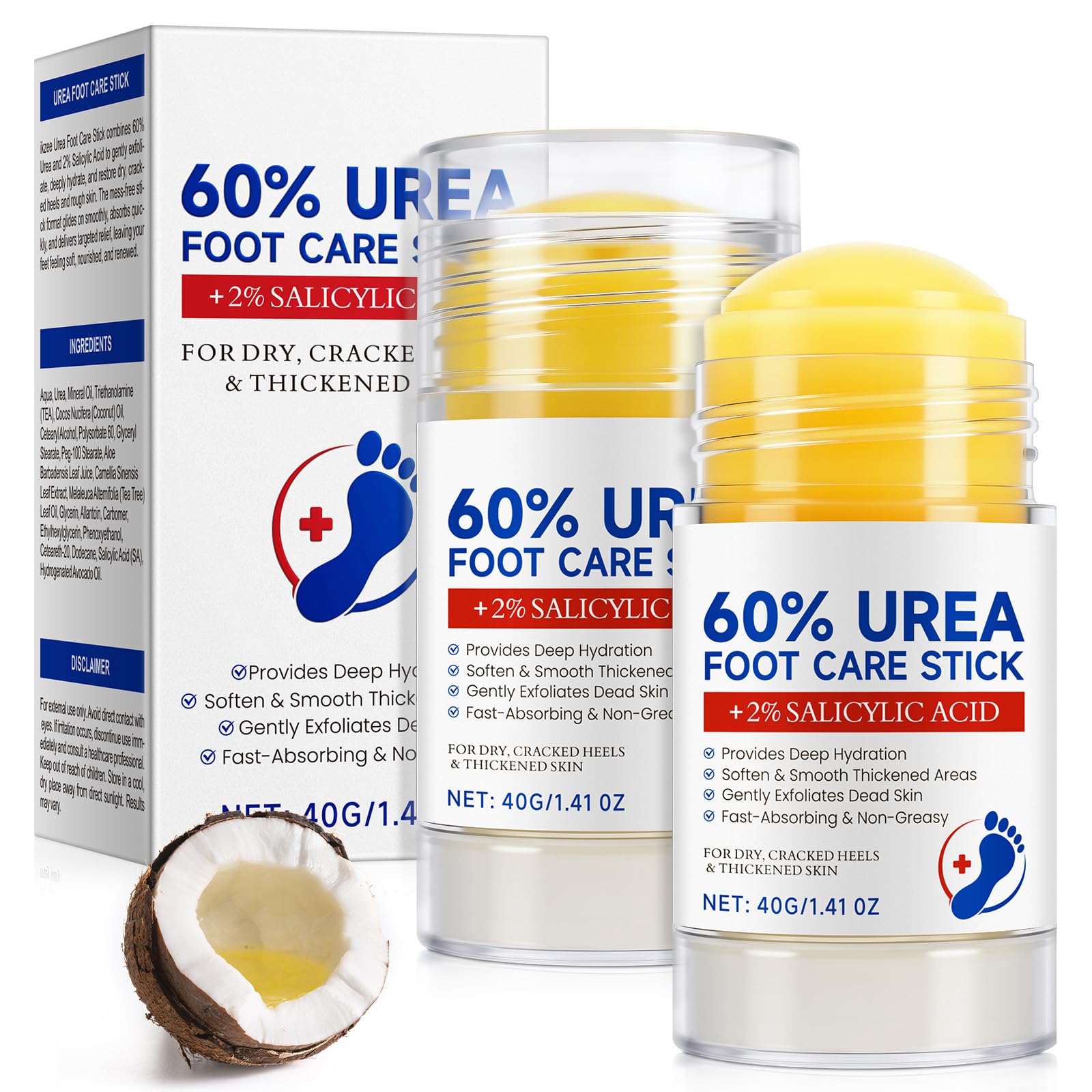 2 Pack 60% Urea + 2% Salicylic Acid Cream Stick | Intensive Moisturizing Balm for Rough & Dry Skin | Exfoliating Foot & Hand Softener | 1.4oz Twist-Up Stick