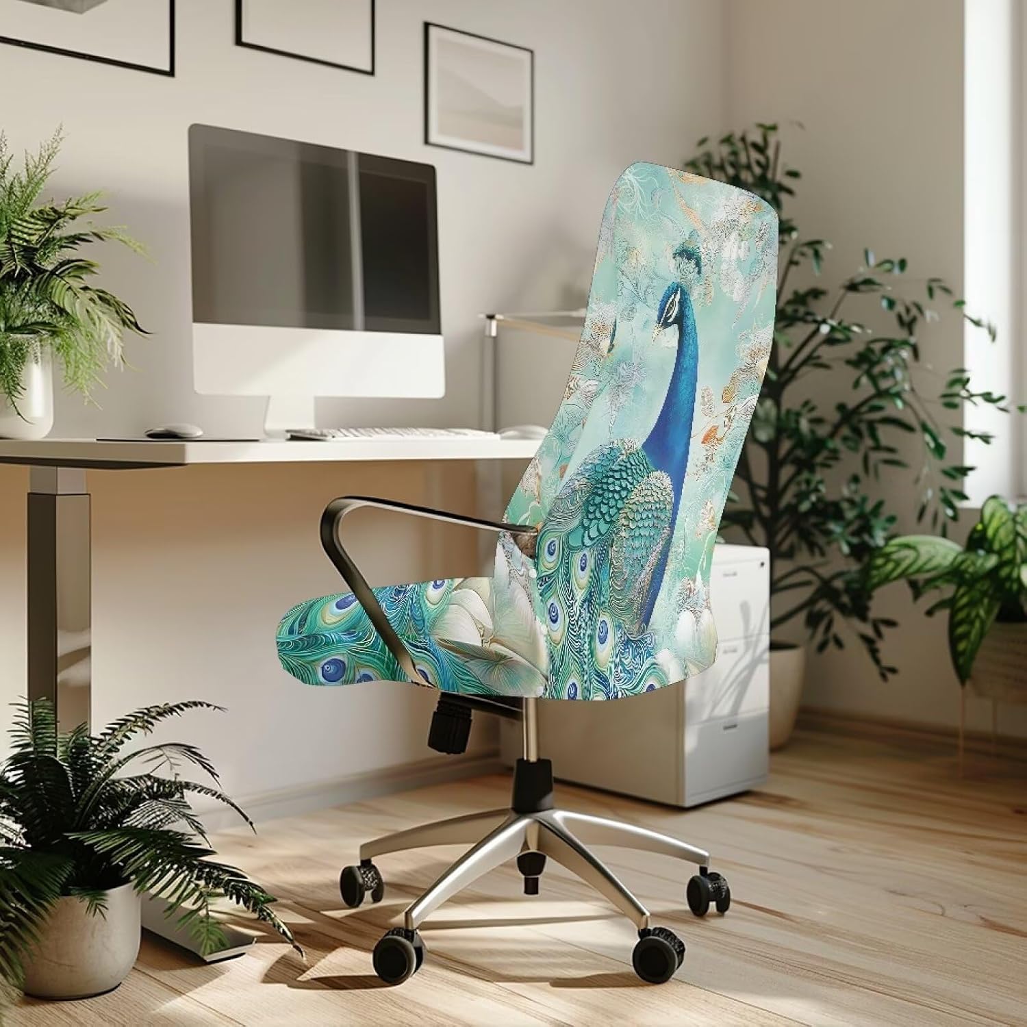 Xoenoiee Elegant Peacock Floral Print Office Chair Covers, Stretch Computer Boss Chair Cover with Button High Back Chair Slipcover Anti-Dust Rotating Chair Cover for Home Office, Large image 3
