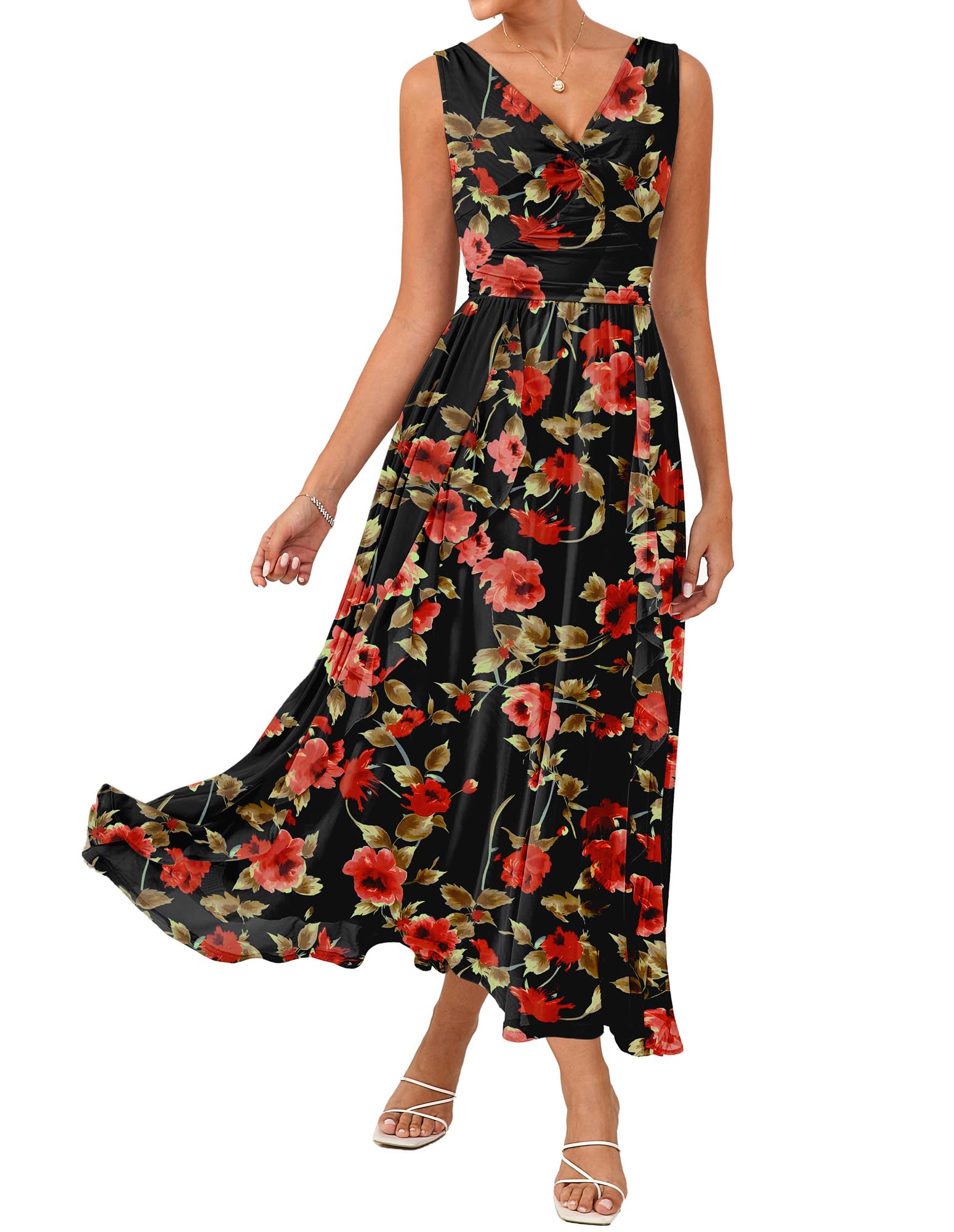 GRACE KARIN Robe d'été sans manches à col en V torsadé sur le devant pour femme - Taille smockée et ourlet à volants