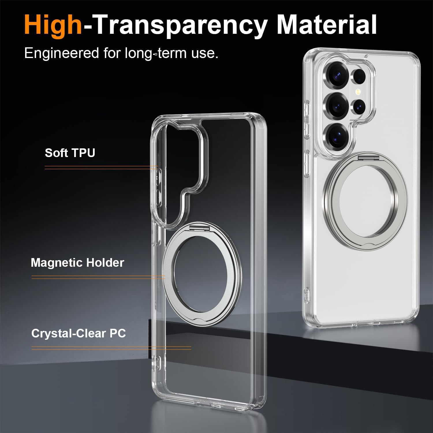 magnetic case for samsung galaxy s26 ultra 5g phone 2026 | with rotating kickstand | non-yellowing transparent clear | slim thin | wireless charging | shockproof protection (clear) clear s26 ultra