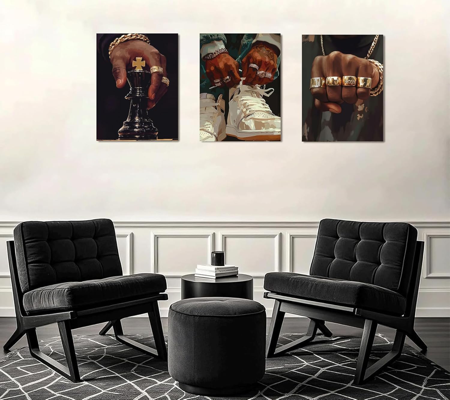 3Pcs Fashion Black Man Canvas Wall Art Luxury American Painting Black Men Pictures Wall Decor Hip Hop Aesthetics Poster Prints Artwork for Bedroom living Room Home Decoration 12x16in framed