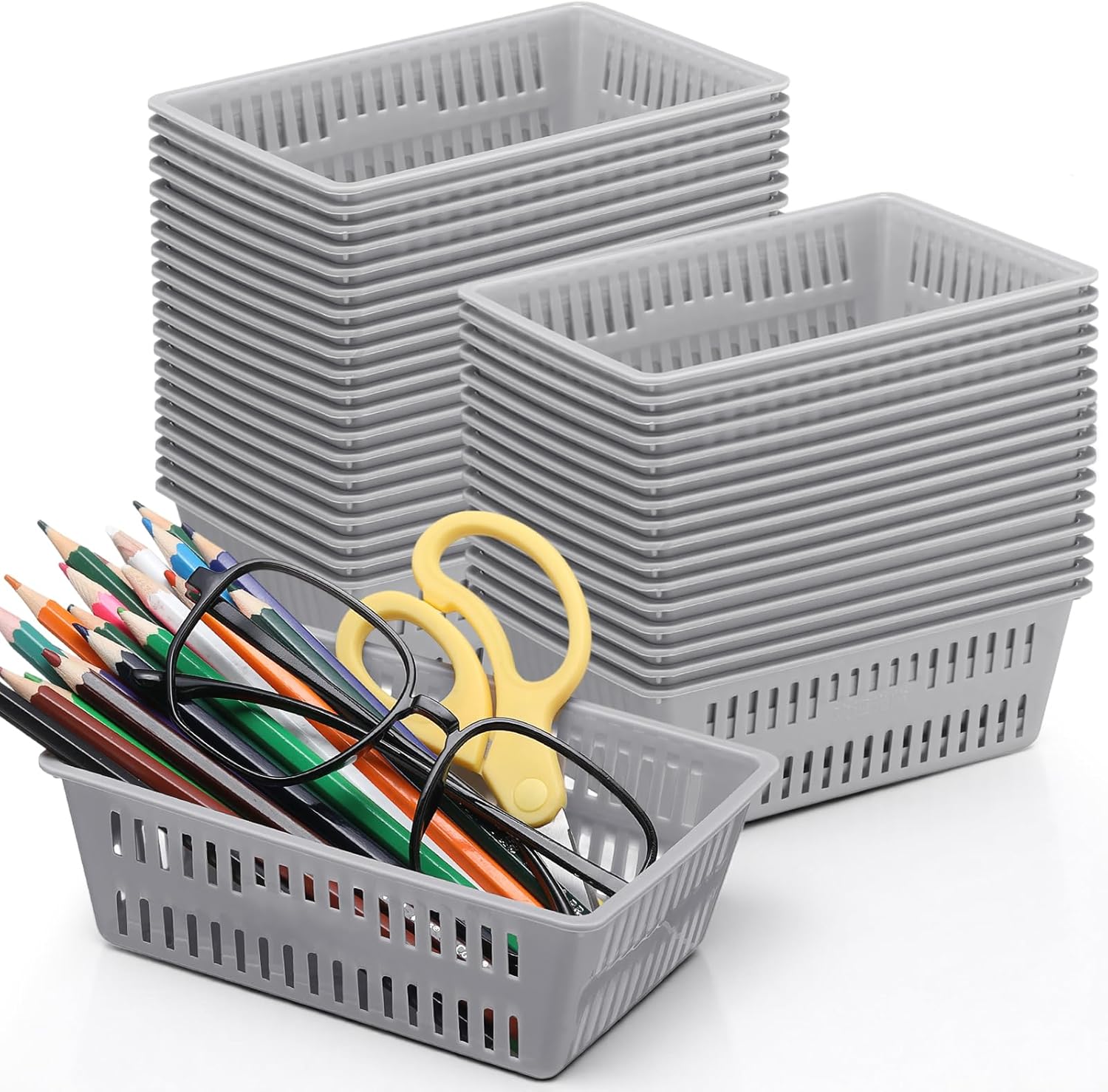 Sherr 36 Pack Classroom Storage Basket Small Plastic Basket for Organizing Crayon Pencil Container Storage Bin Tray Holder for Paper Shelf Back to School Office Supply 6.1" l x 4.3" w x 2.4" h(Black)