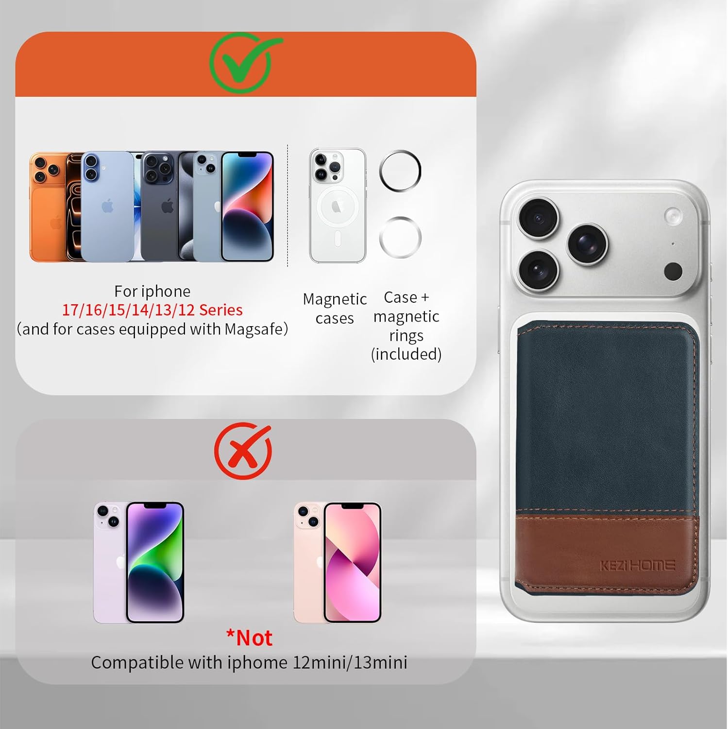 KEZiHOME for MagSafe Wallet with Stand, Genuine Leather 6 Card Holders[RFID Blocking] Minimalist Magnetic Wallet for iPhone 17/16/15/14/13/12 Series with MagSafe Phone Case (Navy Blue/Brown)