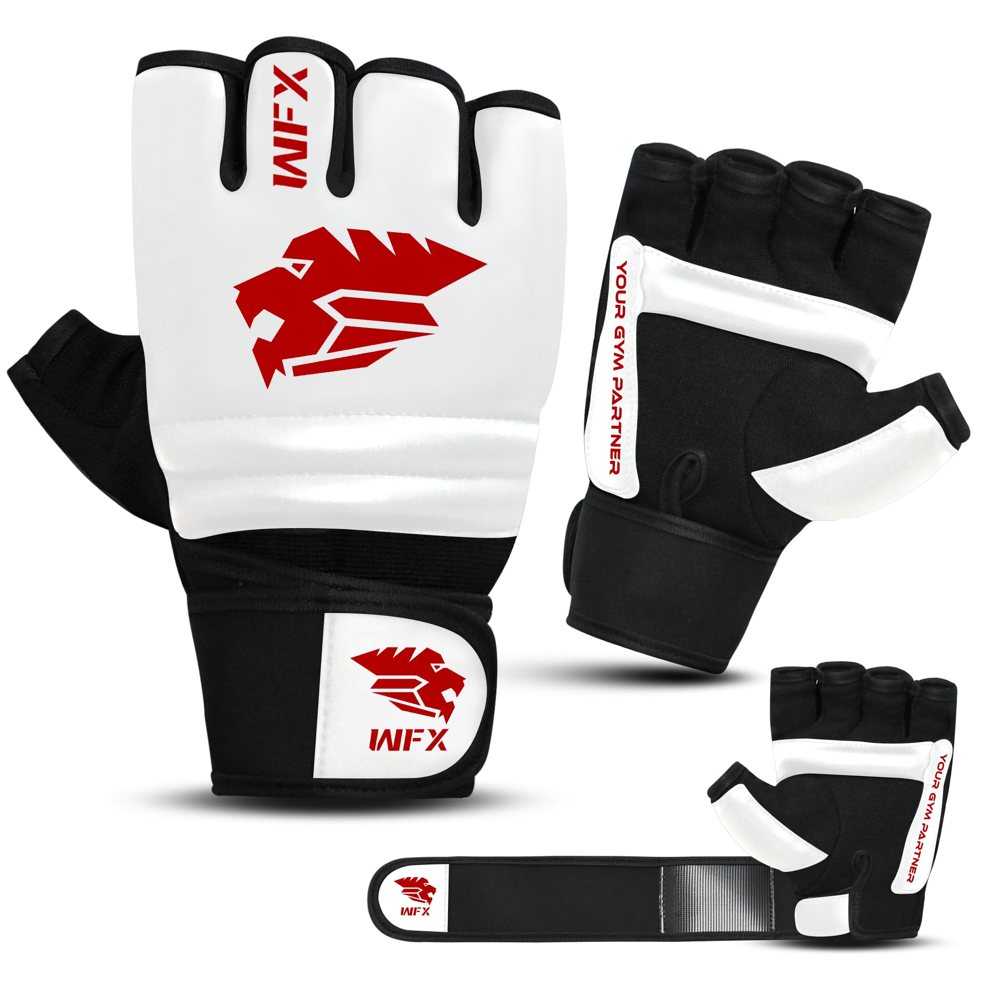 WFX MMA Gloves for Grappling Martial Arts Training, Vegan Leather Half finger Taekwondo Karate Punch bag gloves Men & Women, Body Combat Sparring Boxing Gloves, Cage Fighting, Kickboxing (White, S)
