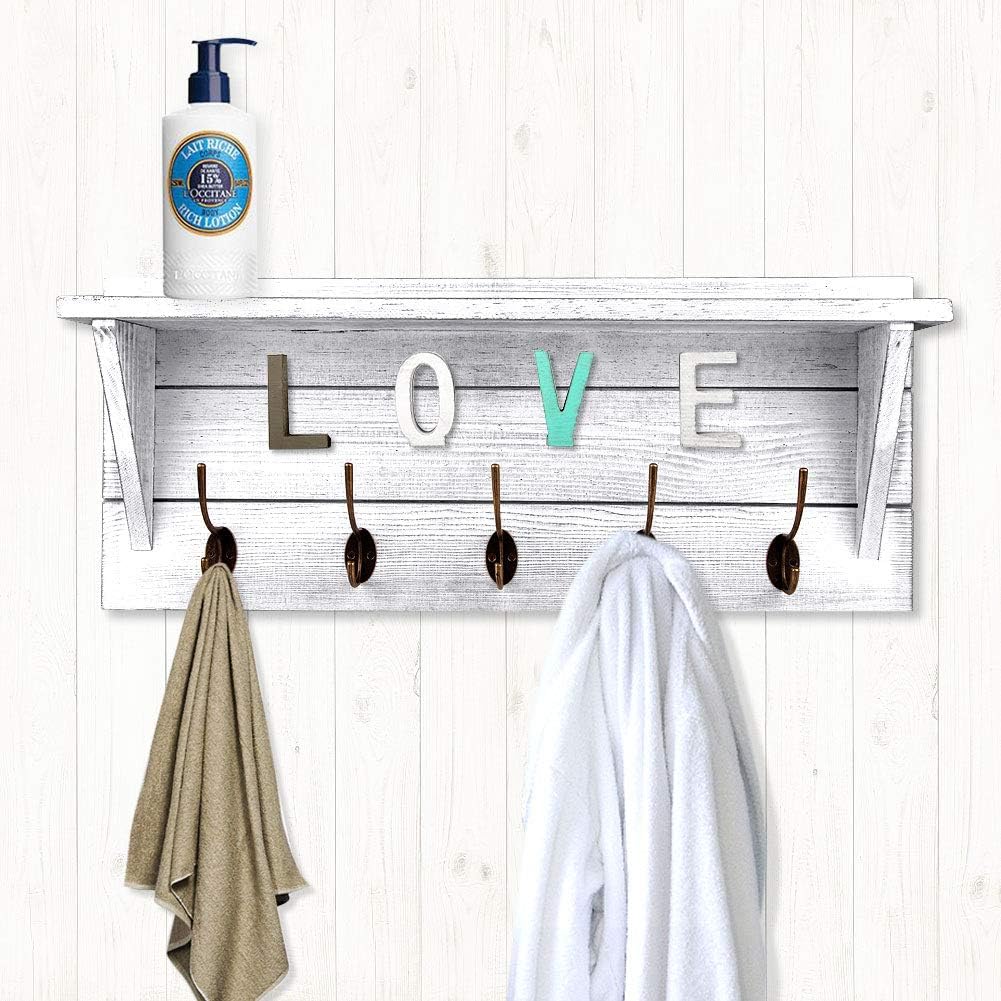Rustic Coat Rack Wall Mounted,Wall Coat Hooks with 2 DIY Decorations Entryway Coat Racks Shelf 24'' with 5 Bronze Hooks Wooden Country Style(White)-Patent Pending