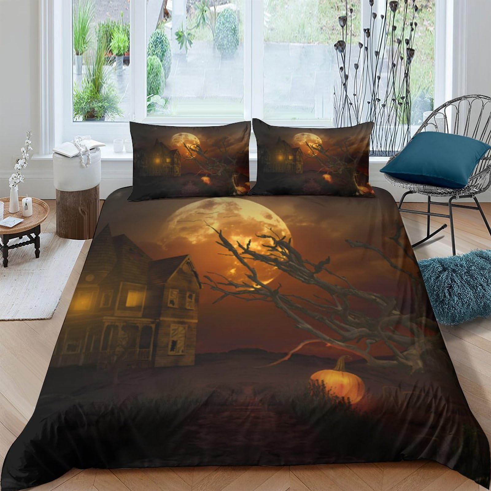 Ctjqhvkz Style-1 3D Printed Halloween Pumpkin Moon Fitted Sheet Microfiber Black Haunted House Bed Cover For Bedroom Dorm Decor Single（135X200cm）