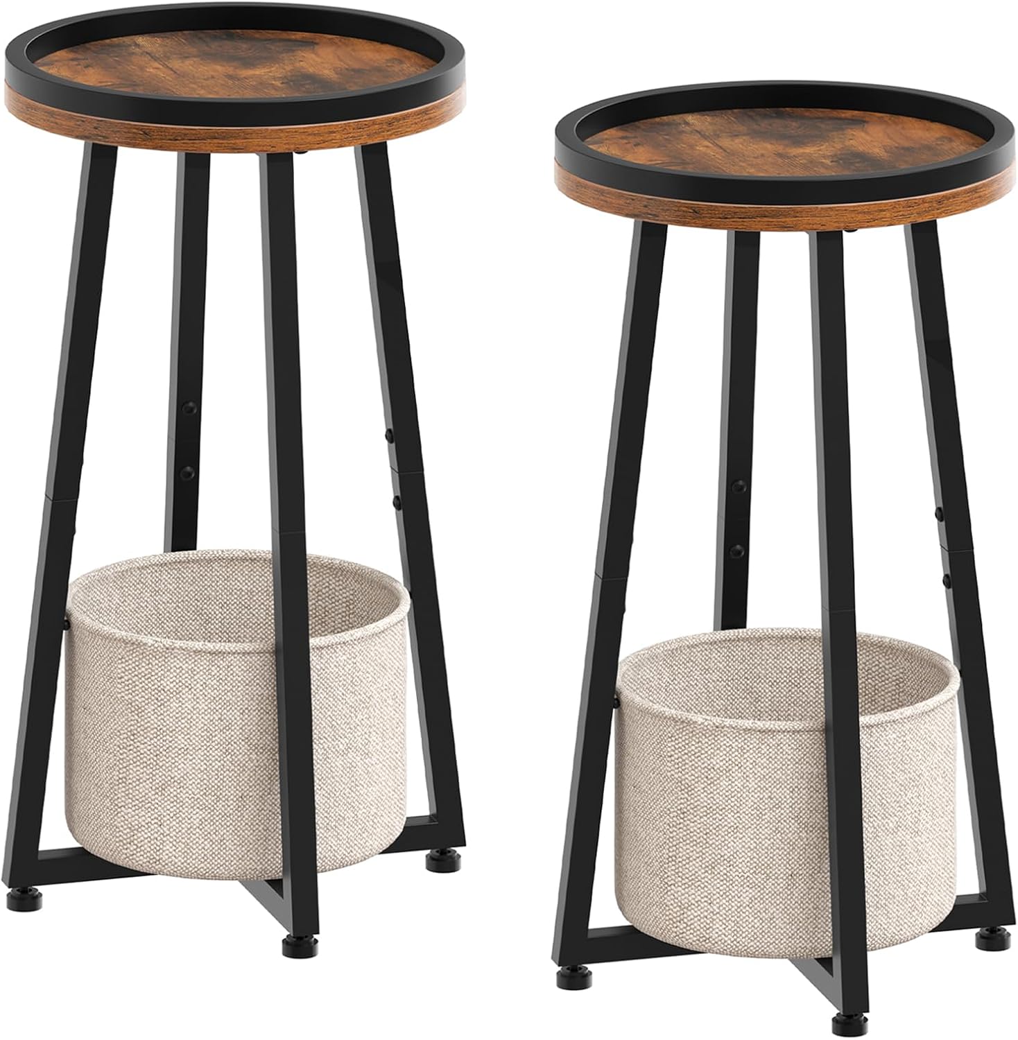 HOOBRO Small Round Side Tables, Set of 2, 2-Tier Round Sofa End Tables, Compact Nightstands with Cotton Linen Storage Basket, for Small Space, Living Room, Bedroom, Dorm, Rustic Brown BF183BZP201
