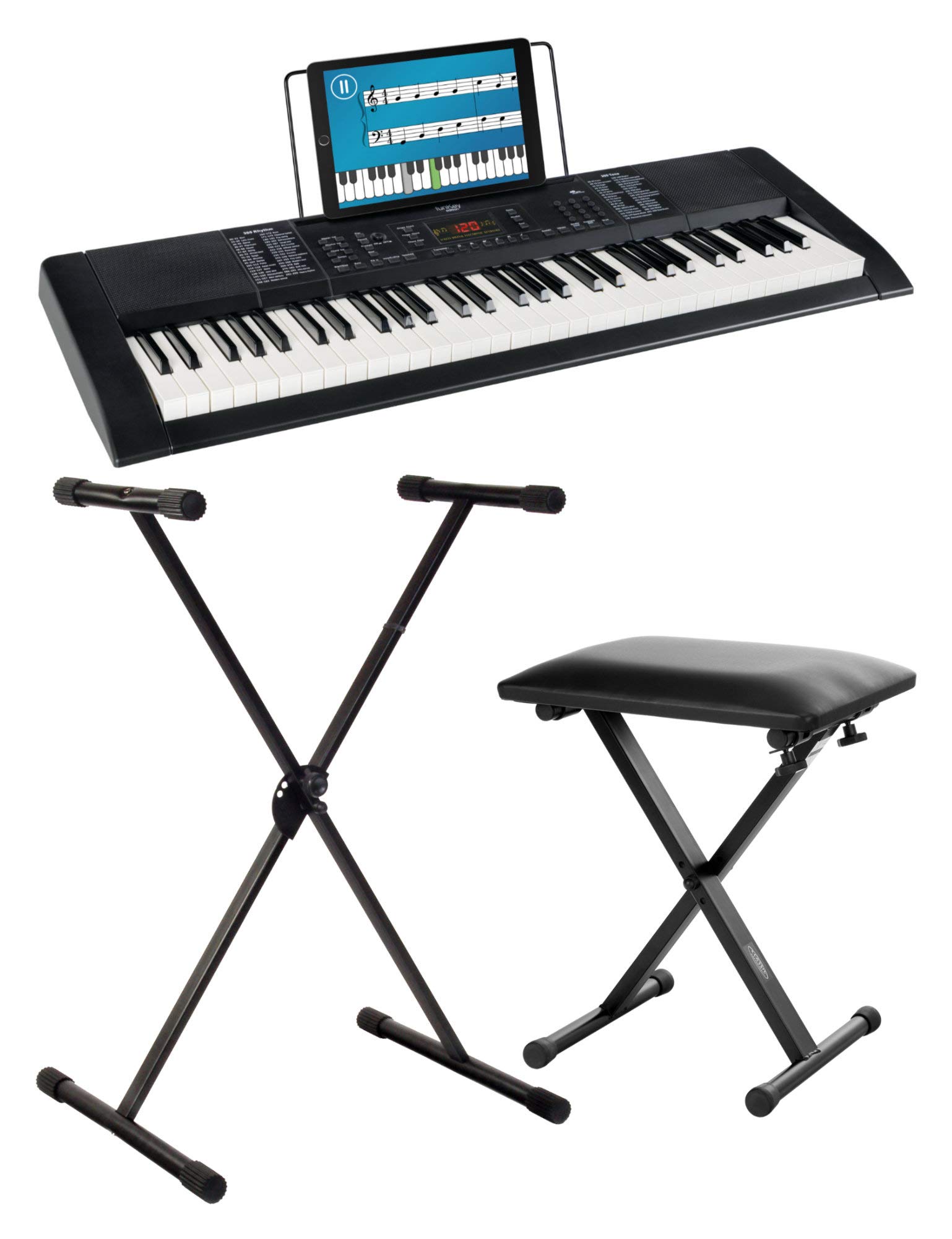 FunKey 61 Edition Schwarz Set inkl. Keyboardständer + Bank, 300 Sounds | 300 Rhythmen, 40 Demosongs, Sustain, Vibrato, Double Voice, Transpose, Tastatur-Split, Intro/Ending, Drum, Aufnahmefunktion
