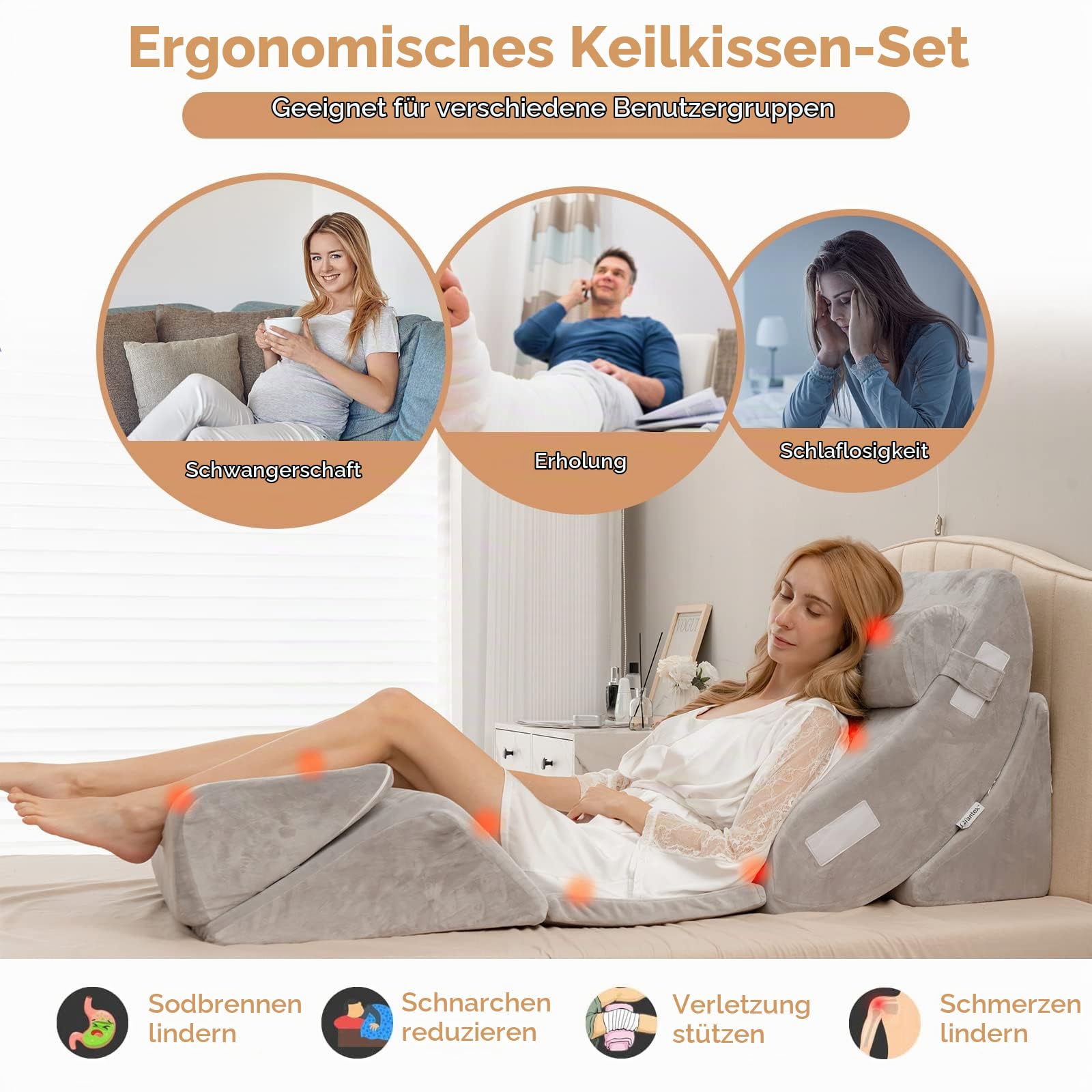 COSTWAY 6-teiliges orthopädische Kissen-Set, Memory-Schaum-Keilkissen mit Abnehmbarer Kopfstütze, bequemes und verstellbares Lesekissen Bettkeilkissen Rückenstützkissen zum Schlafen und Lesen
