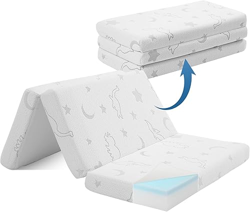 EAIMi Pack n Play - Colchón portátil de triple pliegue y juego, colchón plegable de espuma viscoelástica de gel impermeable para cuna, colchón de