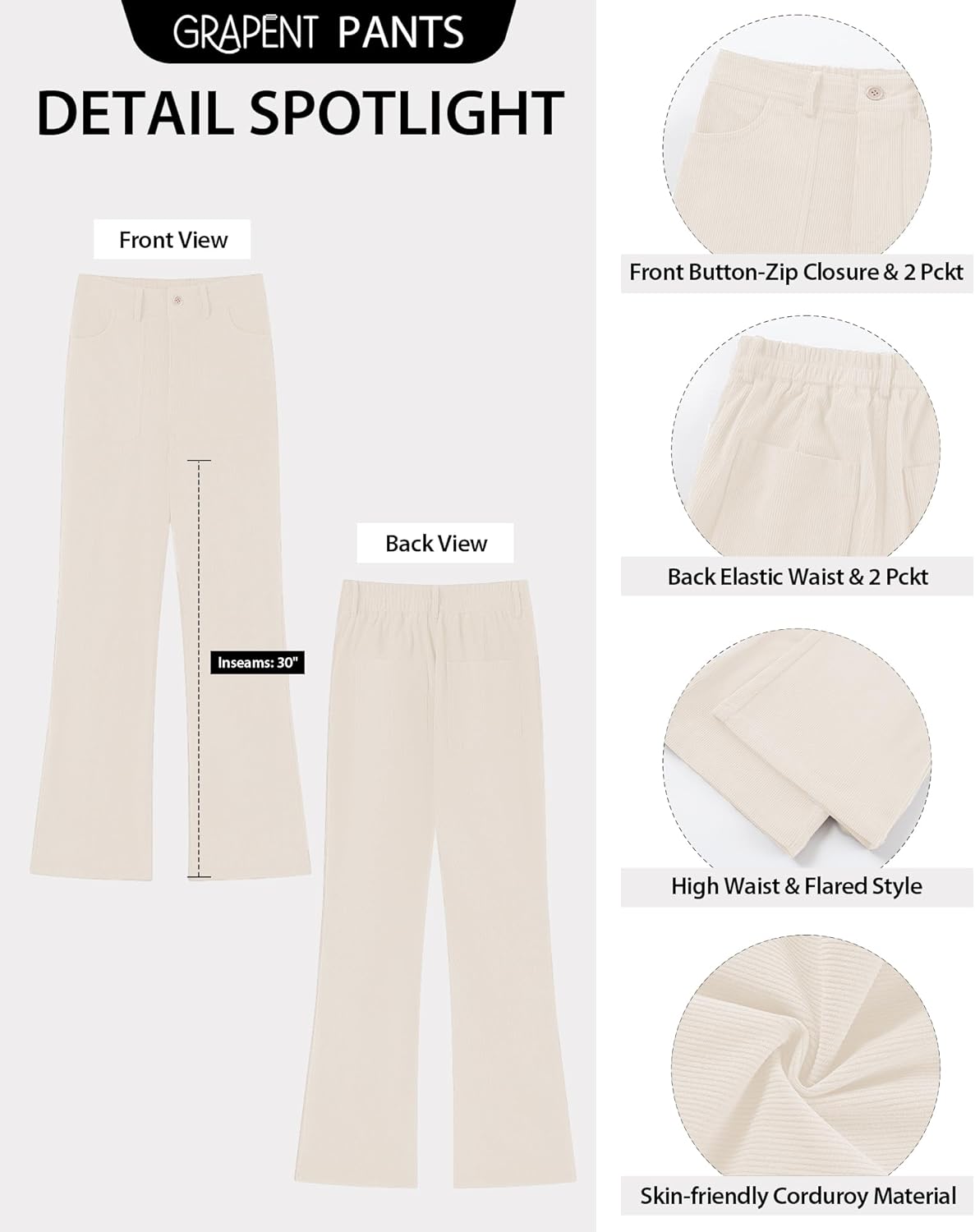 GRAPENT Corduroy Pants for Women Flare High Waisted Fall Winter Elastic Waist Stretchy Work Casual Trendy Wide Leg Pants - Image 4