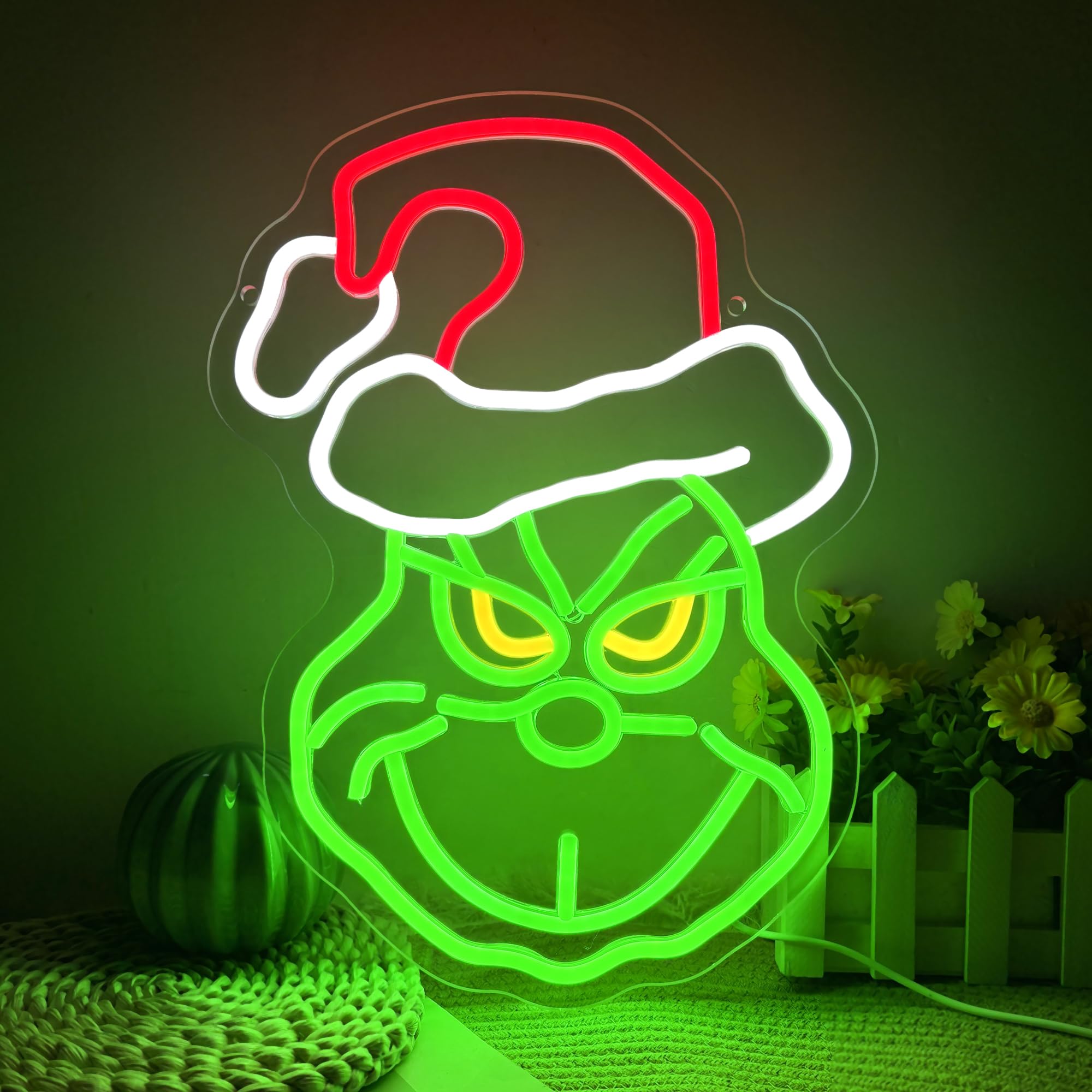 Christmas Grinch Neon Sign Merry Christmas Neon Light LED Santa Wall Decor Sign USB Powered, for Holiday Party Xmas Bedroom Bar Funny(14.7 * 10.8 In)