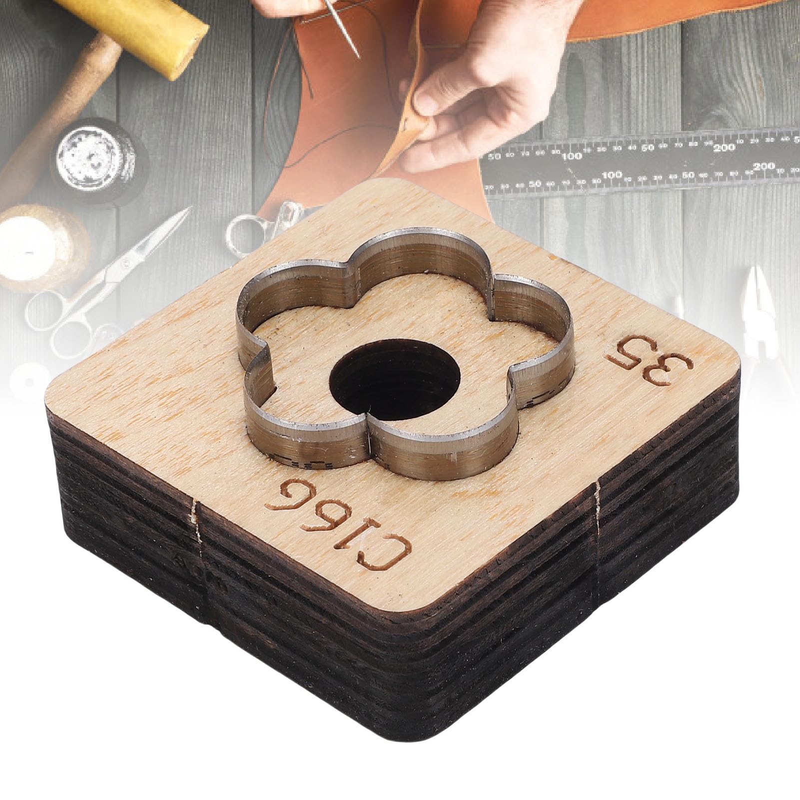 Fustella di Cuoio a Forma di Fiore, Stampo di Punzonatura in Legno Massello e Acciaio al Carbonio per Tagli Netti, con Design a Pressione Facile per (35mm)