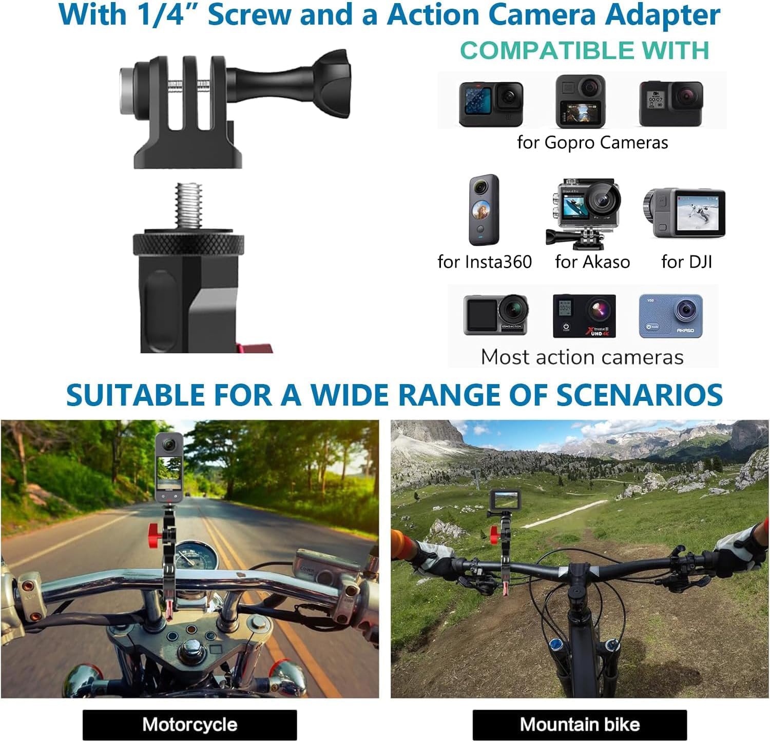 UNSTINCER 360° drehbarer Klebehalterung + Lenker Action Kamera Halterung für 7-35mm Stange Bundle