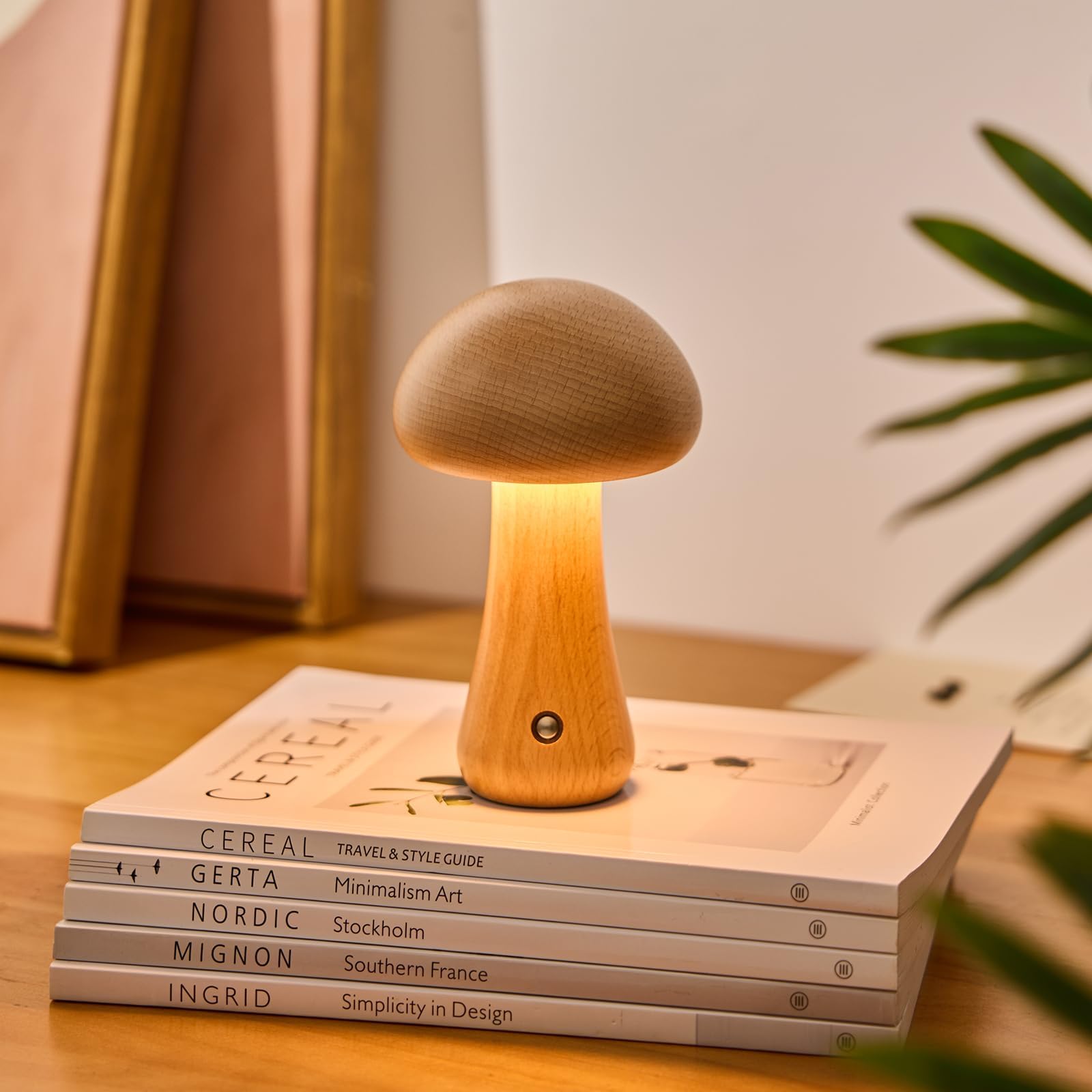 Lalavon Wooden Mushroom Lamp, Portable Cordless Small Lamp, Rechargeable Battery Operated Table Lamp, 3 Colors Stepless Dimming, Night Light for Birthday Gifts(Beech/6.5" H)