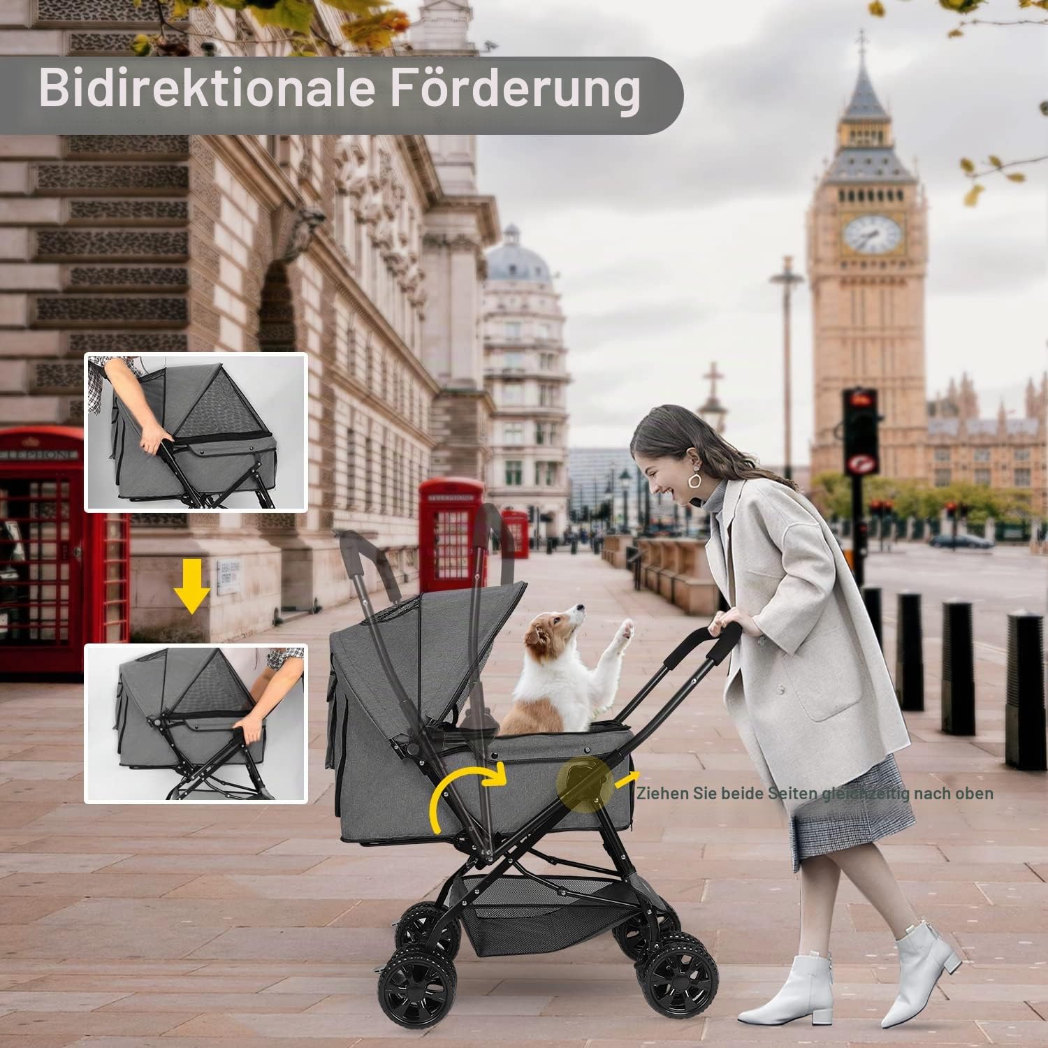 Haustier-Kinderwagen – Hunde-Kinderwagen für mittelgroße Hunde und Katzen mit wendbarem Griff, leicht zu gehender Hunde-Kinderwagen um 360 Grad drehbar, für kleine Hunde mit Netzfenster (Gark grau)