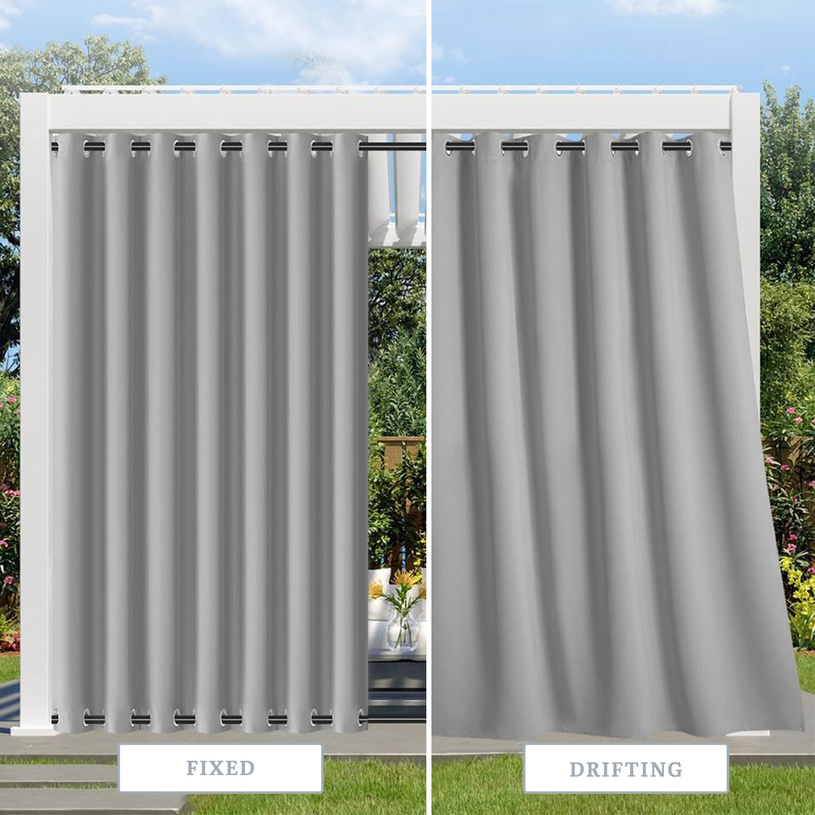 Rideau Extérieur Imperméable 254 x 213 cm (L x H), Rideaux Pergola Extérieur avec Œillets Haut et Bas, Résistant aux Intempéries, pour Pergola, Terrasse, Jardin, Tonnelle, 1 Panneau, Gris Clair