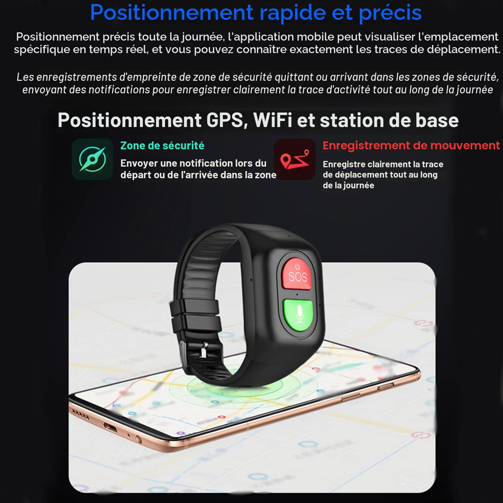 Bracelet Sos Montre De Téléphone Étanche Intelligente Anti-Perte Tracker GPS avec Détecteur de Chute Bouton Panique SOS Téléphone étanche pour Android iOS (Noir)
