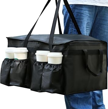 Food Delivery Bag,3XL Insulated Food Transport Bag with Cup Holder - Reusable Cooler Bag for Cold and hot Food with lid and Double Zipper