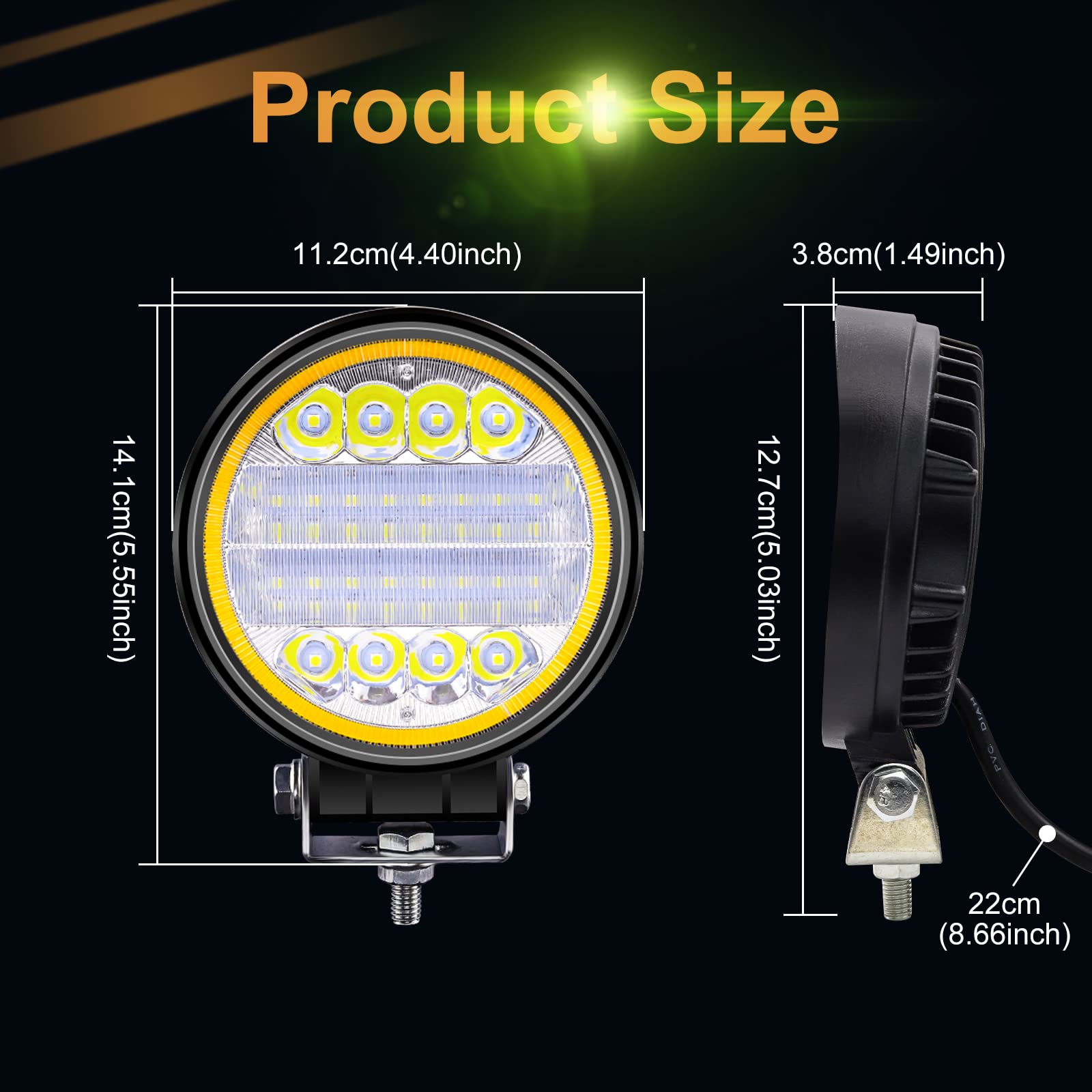 Fari LED Trattore con anello Ambra Halo, 4,5 pollice 96W 12000LM Rotonde Faretto LED 12V 24V Faro da Lavoro Fuoristrada IP67 per Trattore 4x4 SUV UTV ATV, 2 Pezzi