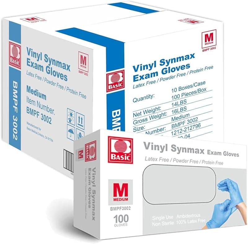INTCO Basic Medical Synmax Vinyl Exam Gloves,Disposable Gloves - Latex-Free & Powder-Free for Medical,Cleaning,Food Safe - Medium, BMPF-3002(Case of 1000,Blue)