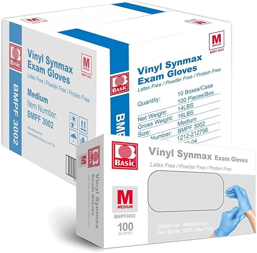 Jointown Basic Synmax Vinyl Exam Gloves Disposable Exam Gloves, 4 Mil, Blue, Latex & Powder Free, BMPF-3002