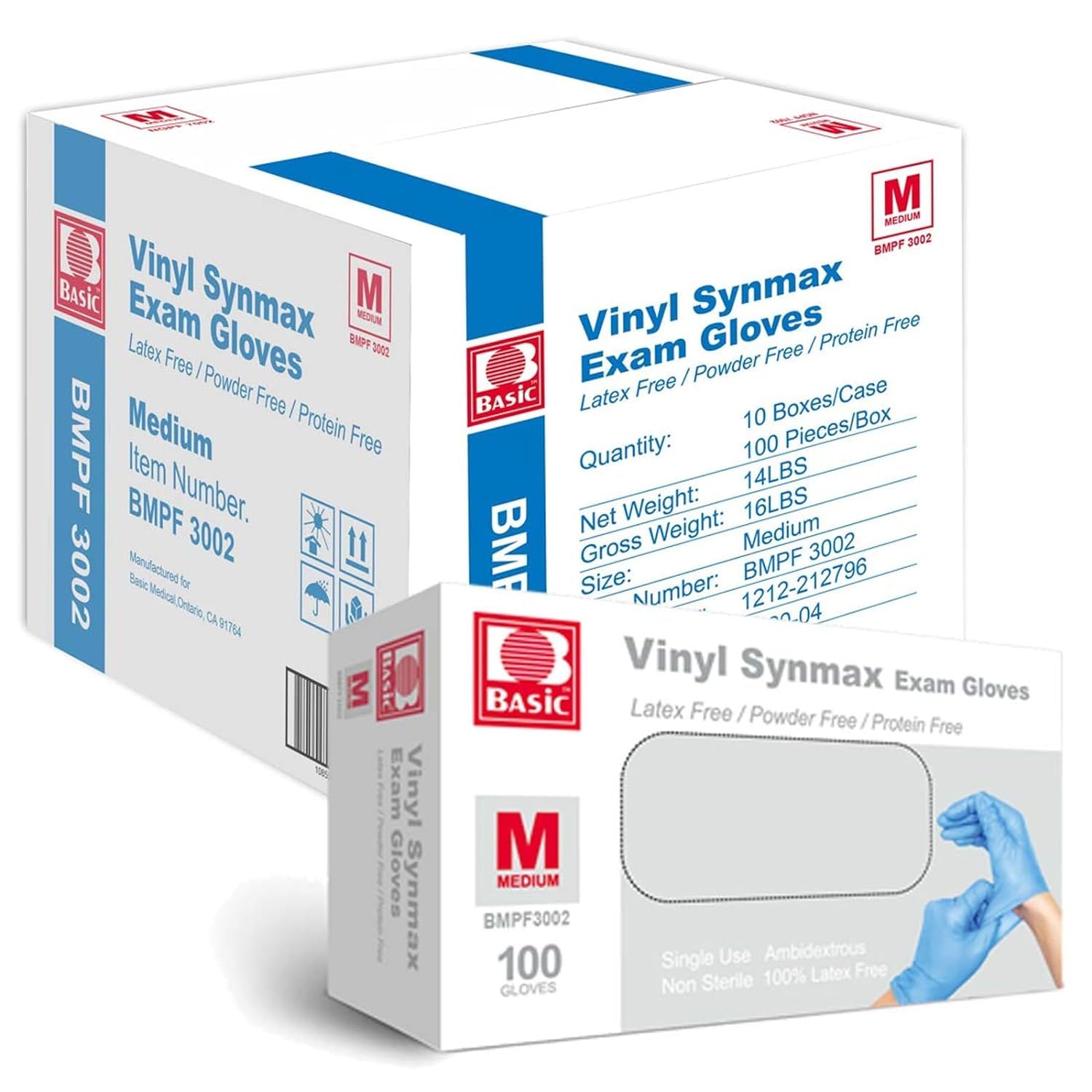 Jointown Basic Vinyl Exam Gloves-Safty Glove Latex-Free & Powder-Free, Synmax Disposable Medical Glove, BMPF3002 Medium (Case of 1000, Blue) Medium 1000