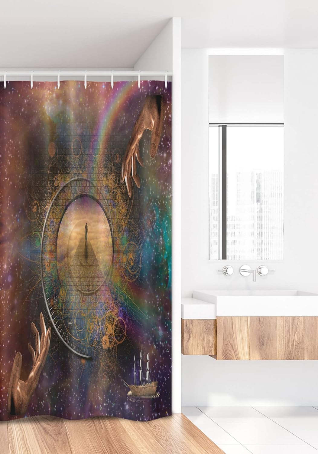 Ambesonne Magic Stall Shower Curtain, Double Exposure Outer Space Mixed with Earth Symbolic Eternity Details Print, Fabric Bathroom Decor Set with Hooks, 36" W x 72" L, Purple Tan