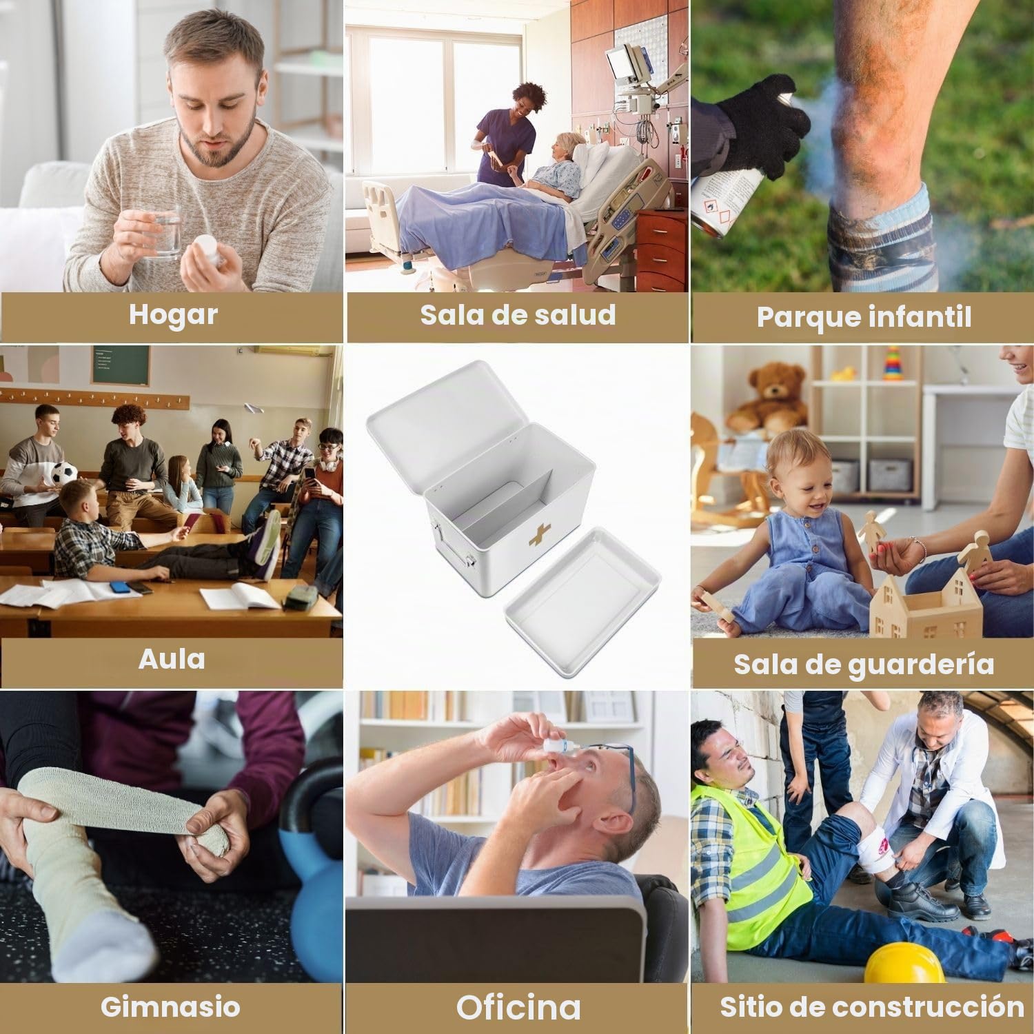 Flexzion Caja organizadora de primeros auxilios para medicamentos, kit de suministros – Caja de almacenamiento vacía de metal blanco de 13 pulgadas con bandeja extraíble con cruz dorada, cajas