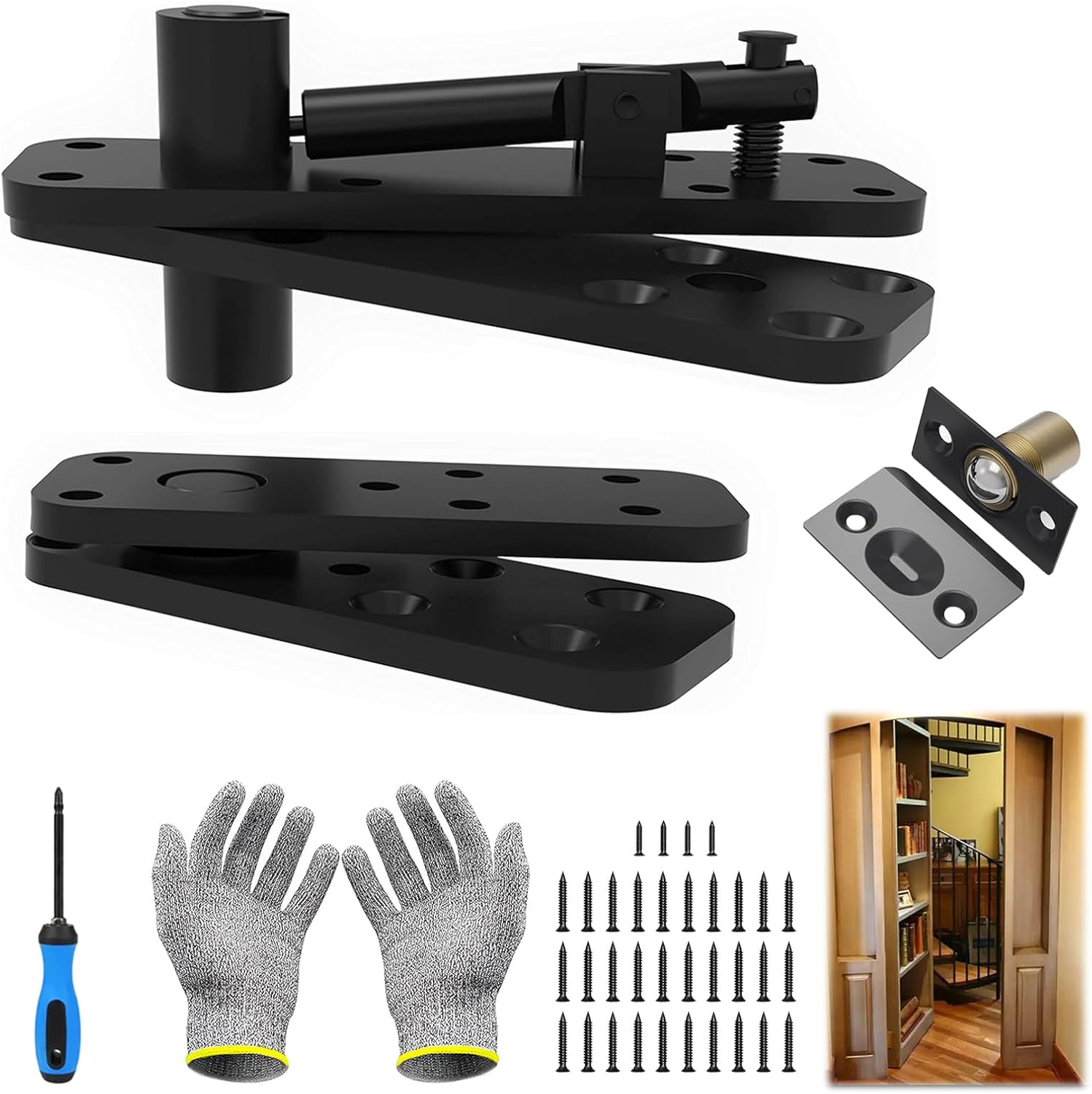 Heavy Duty Hidden Door Hinge - 600LB Load Bearing, 360° Swinging Pivot Hinge for Secret Doors, Murphy Bed, Bookcase & Cabinet - Solid Stainless Steel with Hardware Kit (Black, 2 Pack)