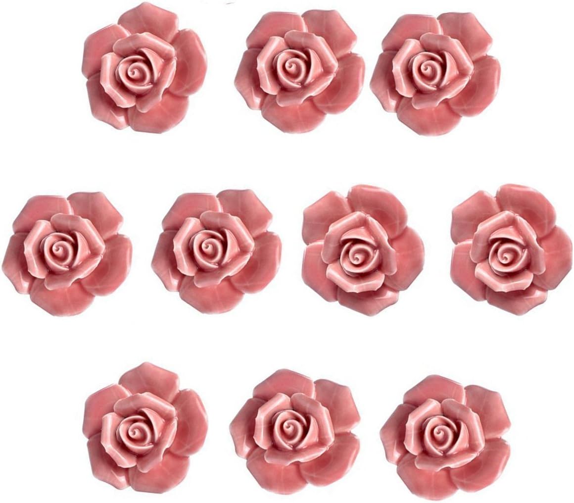 MEETOZ 10pcs Ceramic Vintage Floral Rose Flower Door Knobs Handle Drawer Kitchen + Screws (Pink)