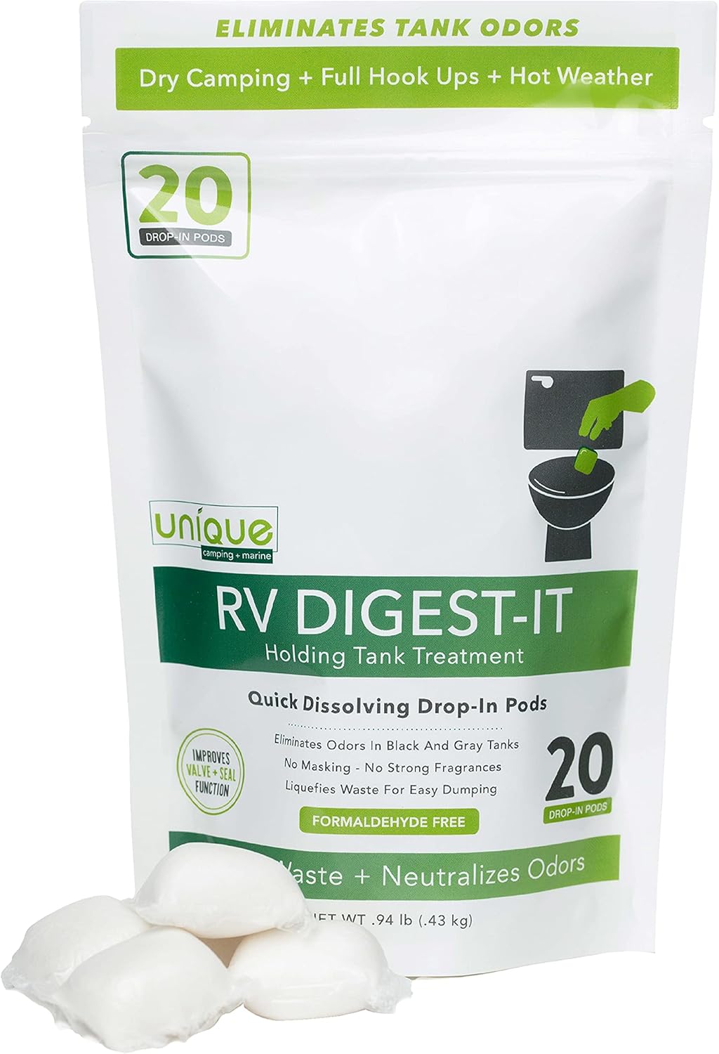 Unique RV Digest-It Black Tank Treatment - Concentrated Drop-in Pod Toilet Treatment - Eliminates Odors, Breaks Down Waste (20 Treatments) - 41G-4 : Automotive