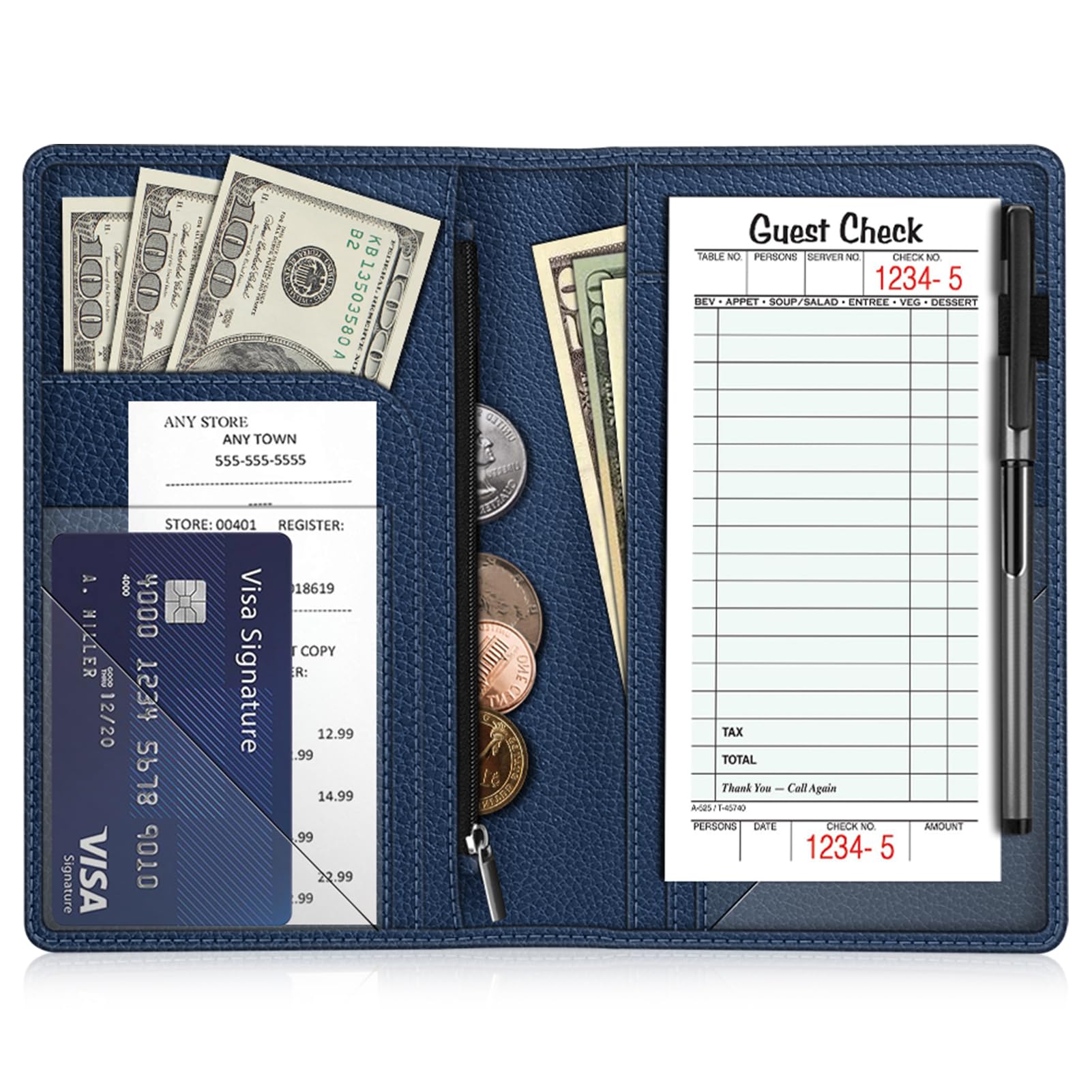 Fintie Server Book Organizer with Zipper Pocket, PU Leather Restaurant Guest Check Presenters Card Holder for Waitress, Waiter, Bartender (Navy)