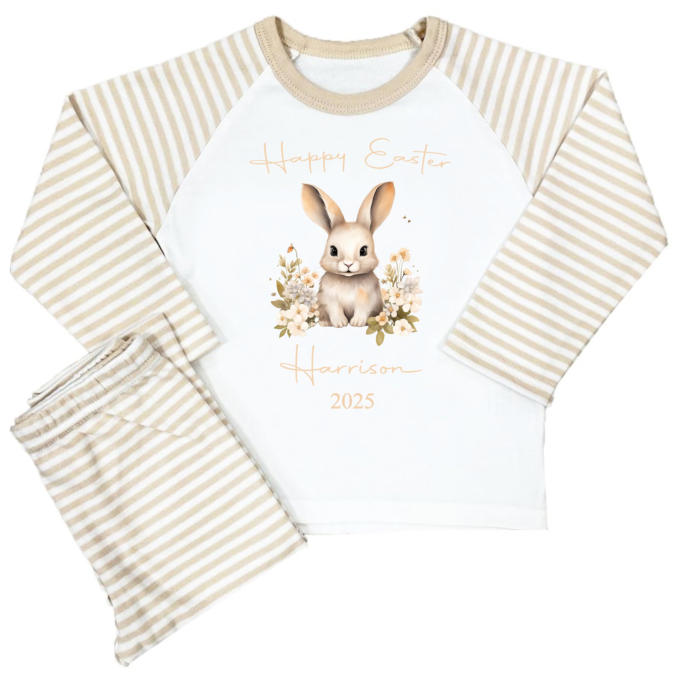 The Baby Box UK Personalised Girls Boys Easter Pyjamas Beige Stripe Bunny Rabbit PJs (Happy Easter Beige Stripe, 6-12 Months)