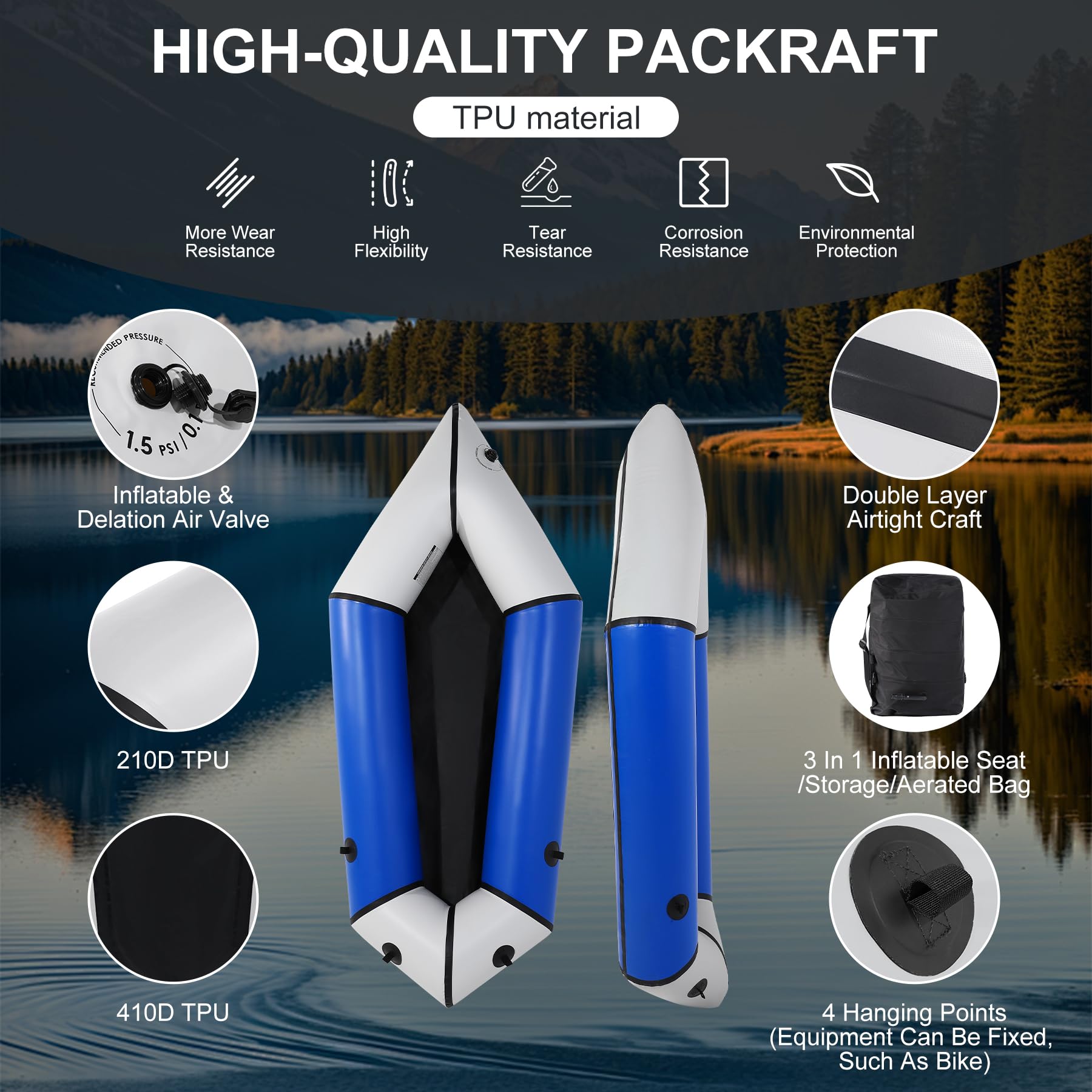 Oryxearth Inflatable Packraft Kayak for Adults, 6.9FT Lightweight TPU Canoe (210D), Portable 1-Person Watercraft for Kayaking, Fishing, Camping, Compact Design, Blue
