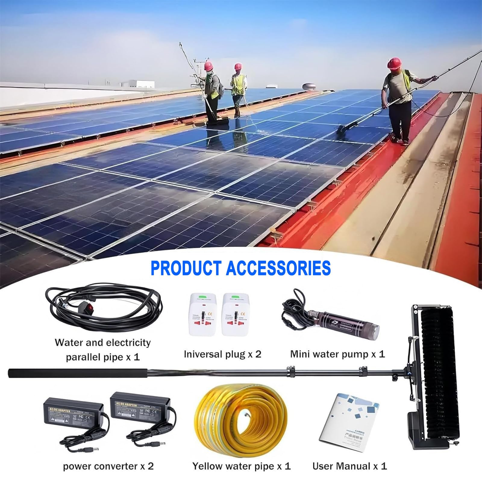 Cepillo y Poste Extra Largos para Limpieza de Paneles Solares, máquina eléctrica de Limpieza Fotovoltaica, Kit de Poste con Alimentación de Agua, Cepillo para Limpieza de Ventanas,7.5m/25ft