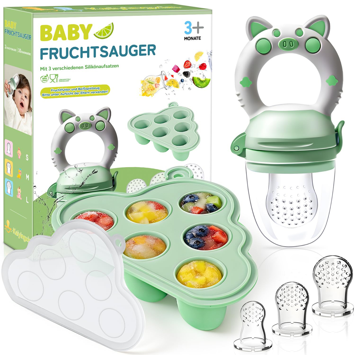 Fruchtsauger Baby, 2 Stück Obstschnuller für Babys ab 3 Monate, 2022 Upgrade Version, Schnuller Zum Befüllen, Breisauger, Obst Schnuller Baby, BPA frei, 8 Silikon Sauger in 3 Größen