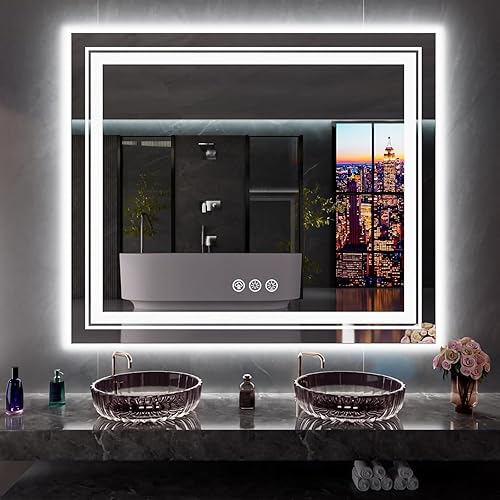 Miniatura 98 de Espejo LED de baño, 36 x 36 pulgadas con luz frontal y retroiluminada, antiniebla, espejo de tocador de baño para pared, función de memoria