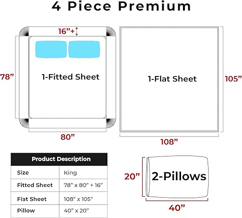 Miniatura 9 de Fab Glass and Mirror DY32-KS0 - Juego de sábanas de satén 100 % algodón de 300 hilos, tamaño King, color azul cielo, 4 piezas, 1 encimera, 1 sábana