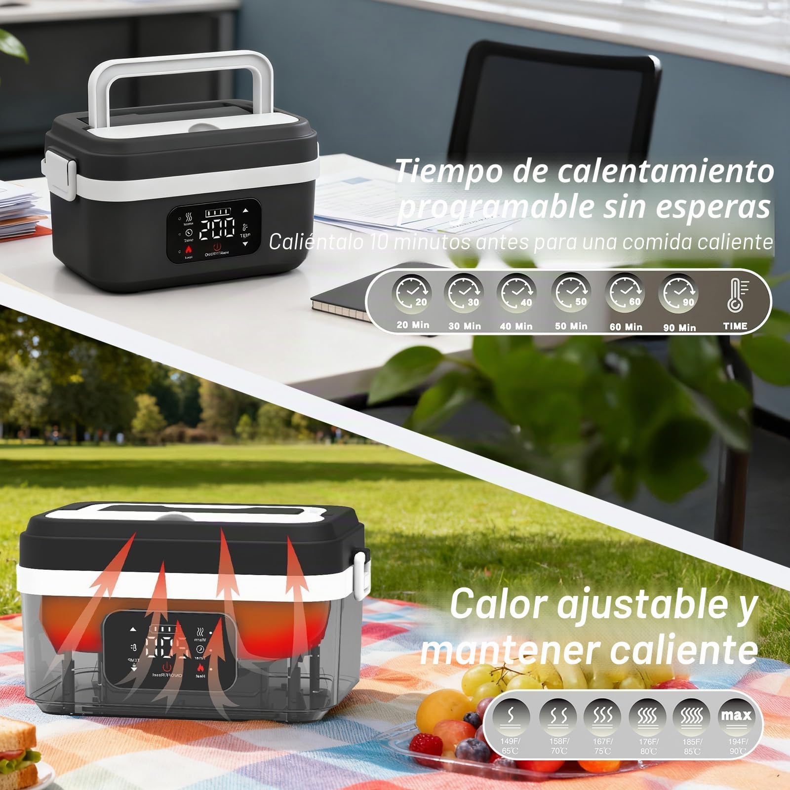 Fiambrera Eléctrica Inalámbrica con Batería 8000mAh,6 Niveles de Temperatura 1L Calentador de Comida Portátil para Trabajo Aire Libre con Temporizador