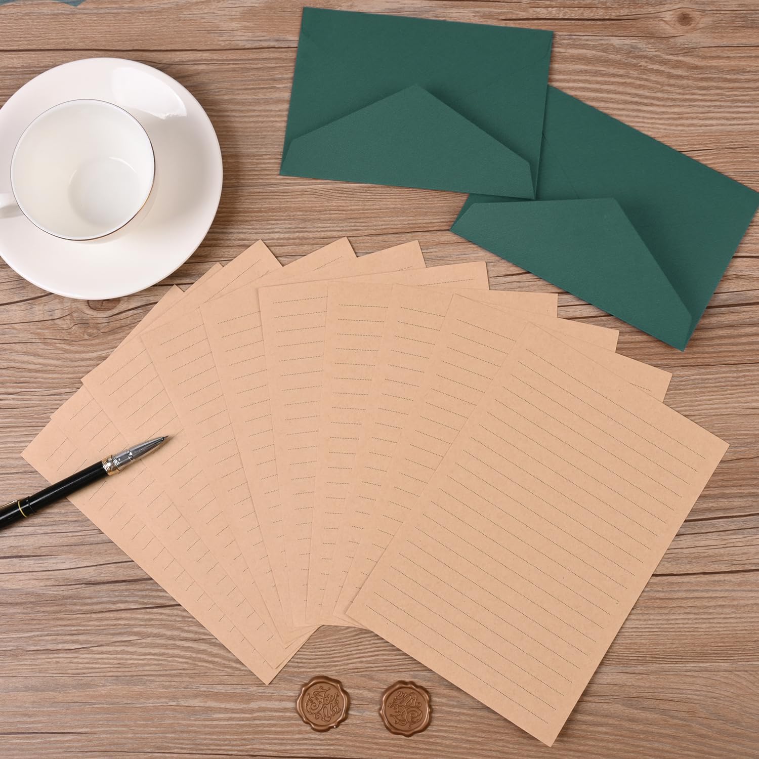Set Vintage Carta da Lettere con Buste, 12 Buste Lino, 12 Adesivi Sigilli Cera, 24 Carte Kraft per Matrimonio