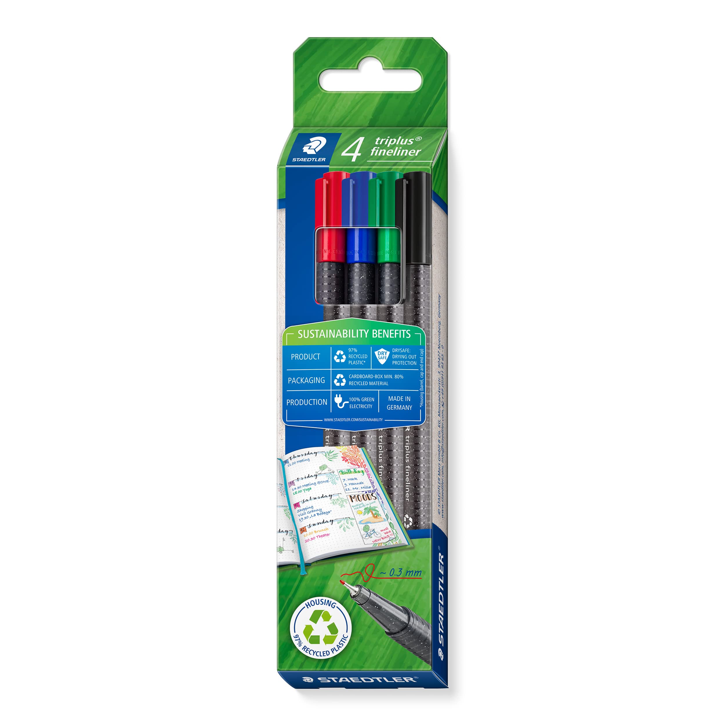 Feutres Fins STAEDTLER Triplus 334 – Pointe 0,3 Mm, Corps Triangulaire Ergonomique, Encre Lavable, 97% Recyclé | Lot De 4